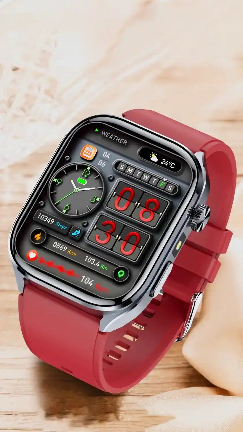 ECG smartwatch with square display, red strap, fitness and weather stats on screen, TUTT