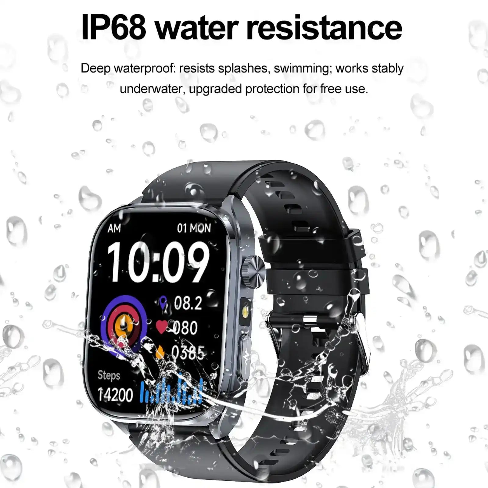 Black ECG smart watch with color display showing fitness stats, surrounded by water splashes, highlighting IP68 water resistance feature TUTT