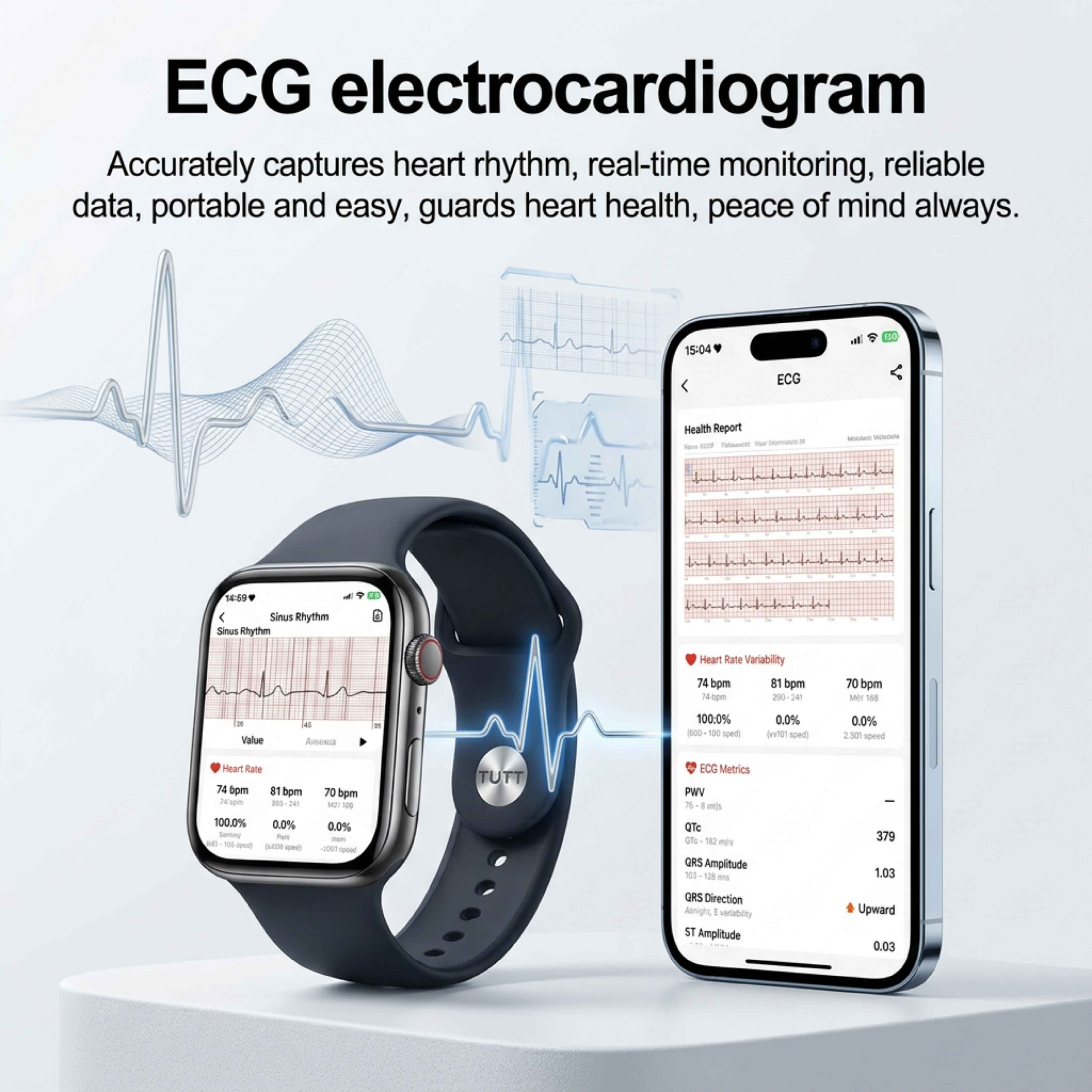 TUTT ECG Smart Watch with, AI Health Monitoring, Body Composition & Bluetooth Calling – 1.39” HD Display, IP68 Waterproof, 340mAh Batter E7