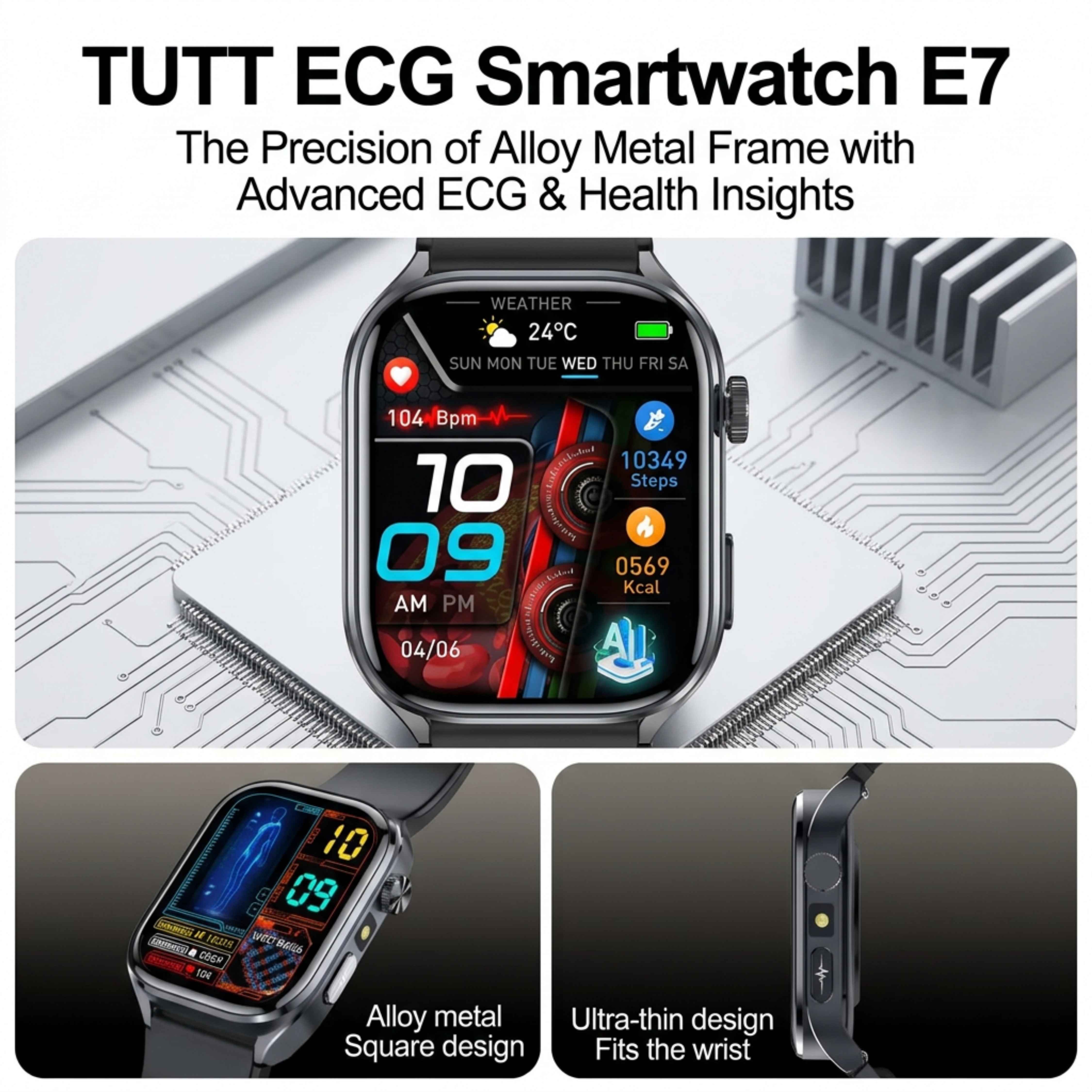 TUTT ECG Smart Watch with, AI Health Monitoring, Body Composition & Bluetooth Calling – 1.39” HD Display, IP68 Waterproof, 340mAh Batter E7