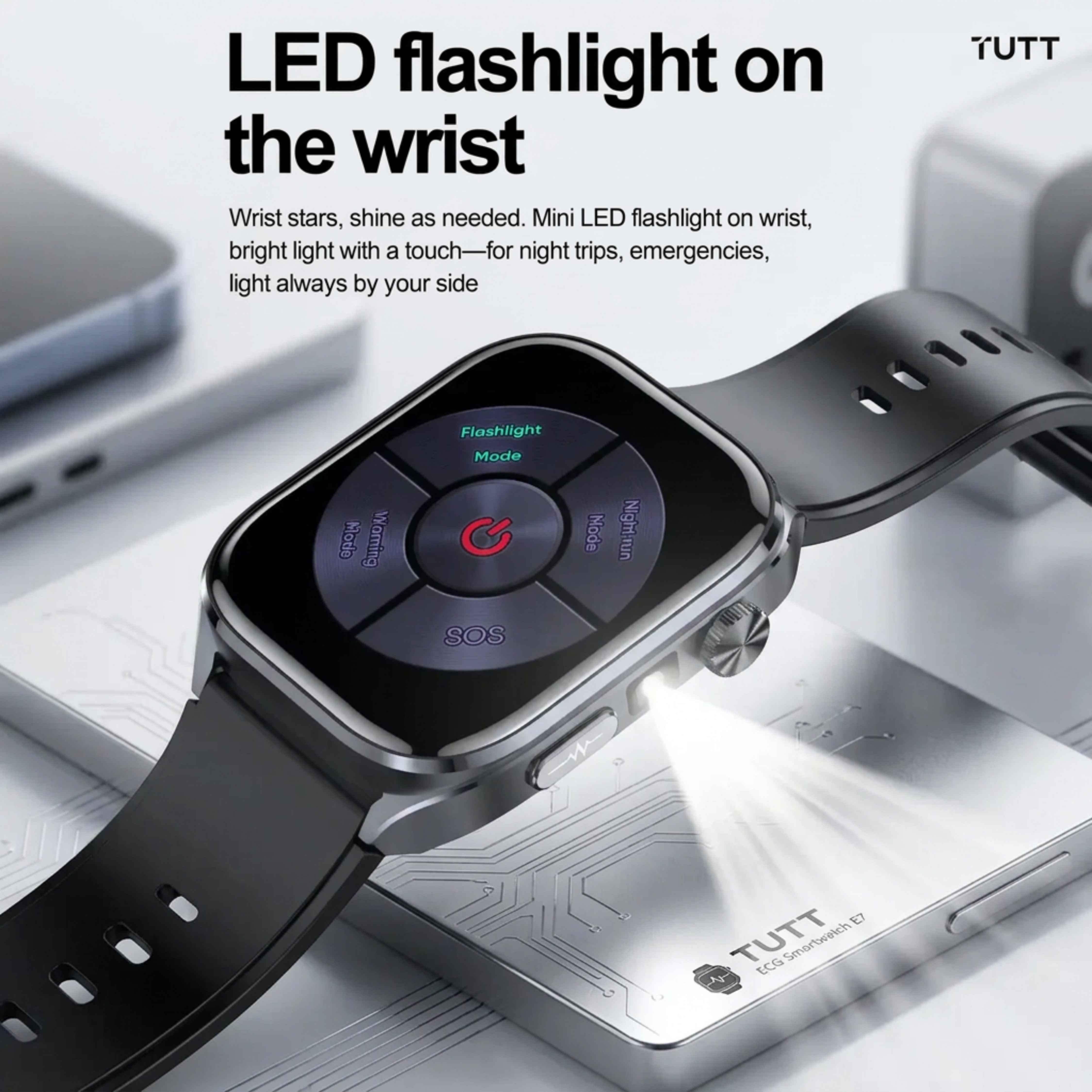 Montre connectée TUTT ECG avec suivi de santé par IA, analyse de la composition corporelle et appels Bluetooth – Écran HD 1,39", étanchéité IP68, batterie 340 mAh E7