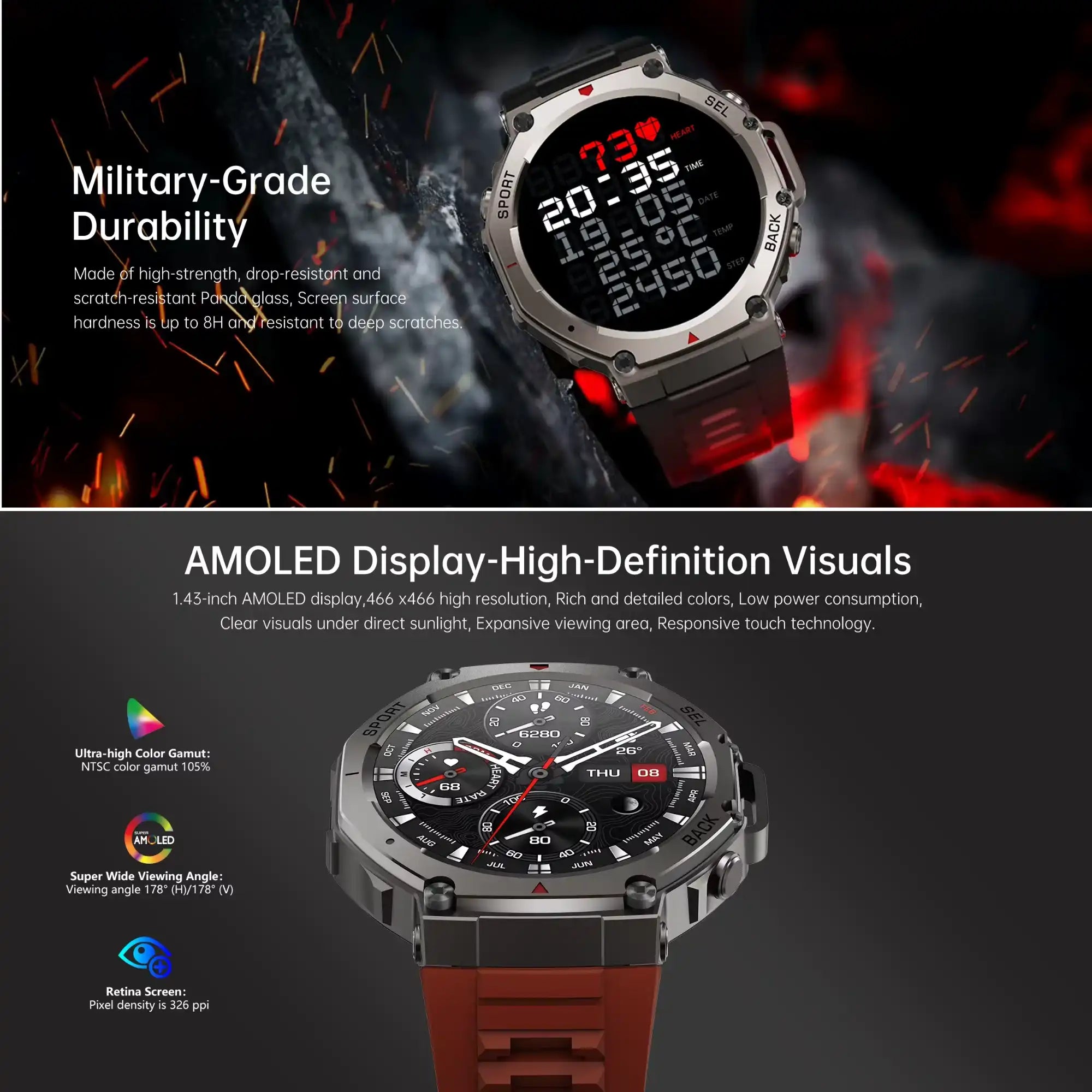 Military-grade smartwatch with rugged metal bezel, AMOLED display, red strap, and fitness tracking features TUTT
