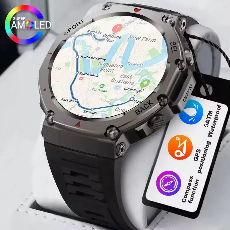 Black GPS smartwatch with rugged metal frame and silicone strap displaying a Brisbane map with navigation route, featuring Super AMOLED display and waterproof, compass, GPS functions tag TUTT
