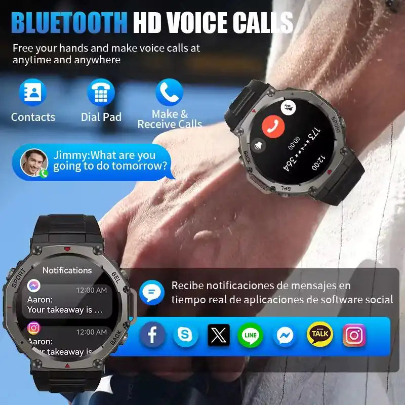 Smartwatch with Bluetooth HD voice calls, notifications, black strap, and round face on wrist TUTT