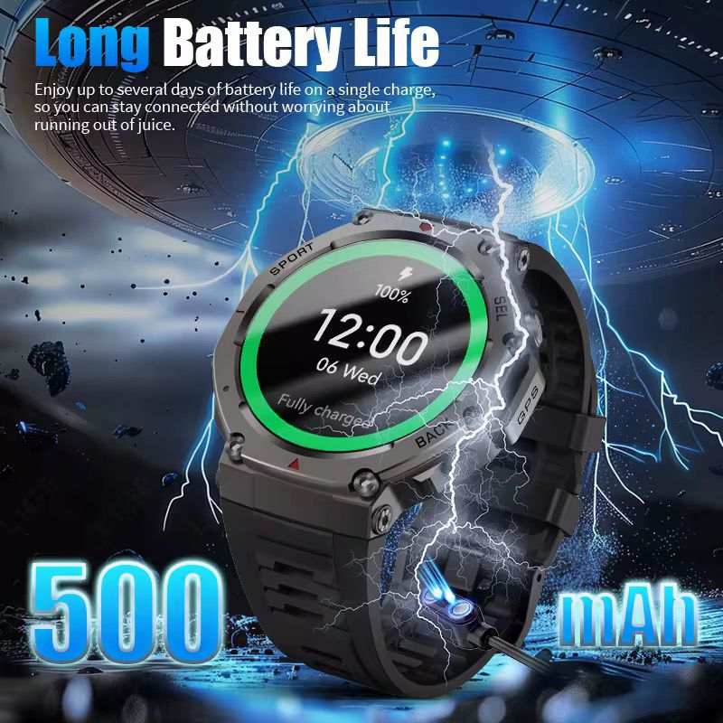 Black GPS smartwatch with 12:00 display, long battery life up to 500mAh, futuristic charging brandishing TUTT