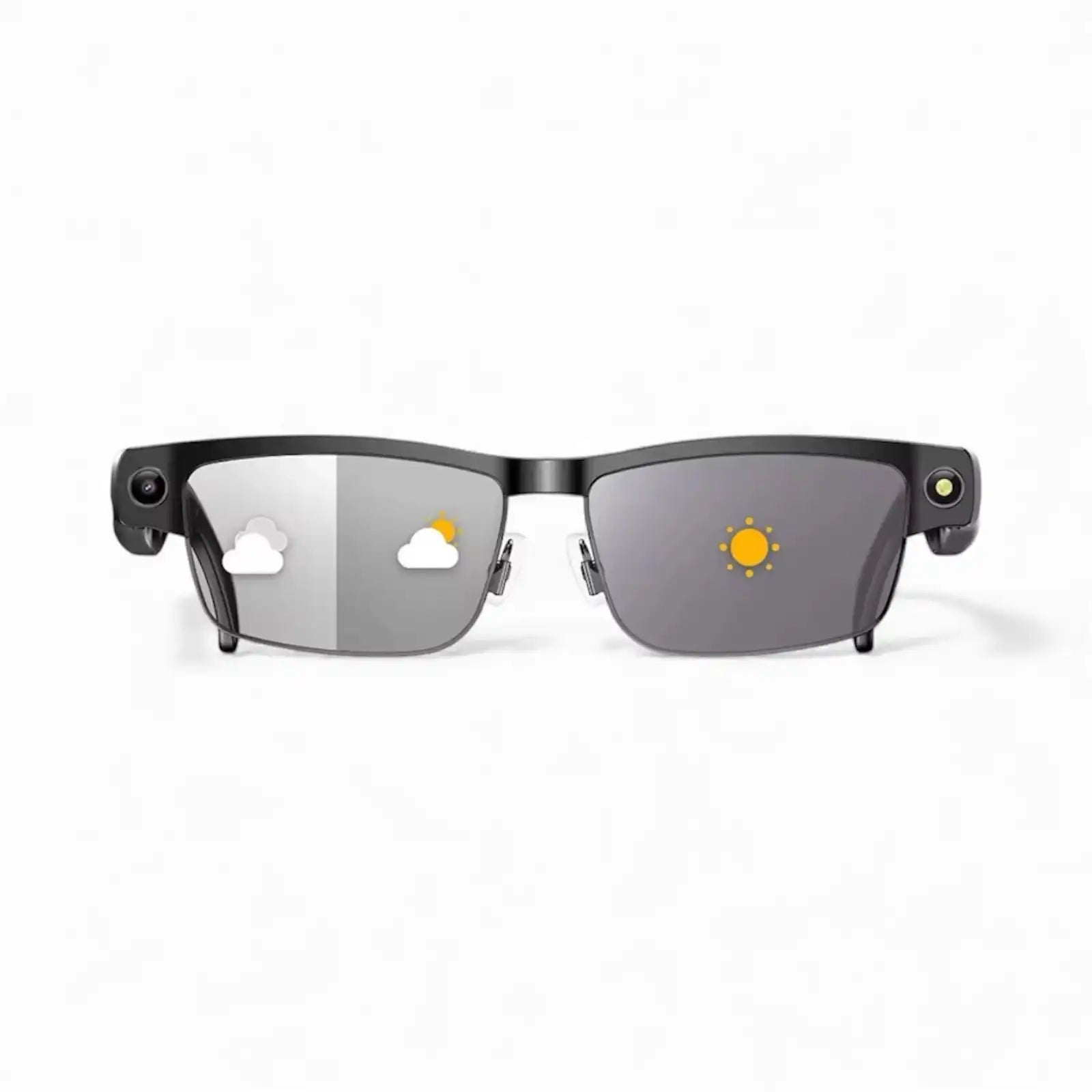 Smart black AI glasses with gradient lenses and weather icons on each lens, white background TUTT