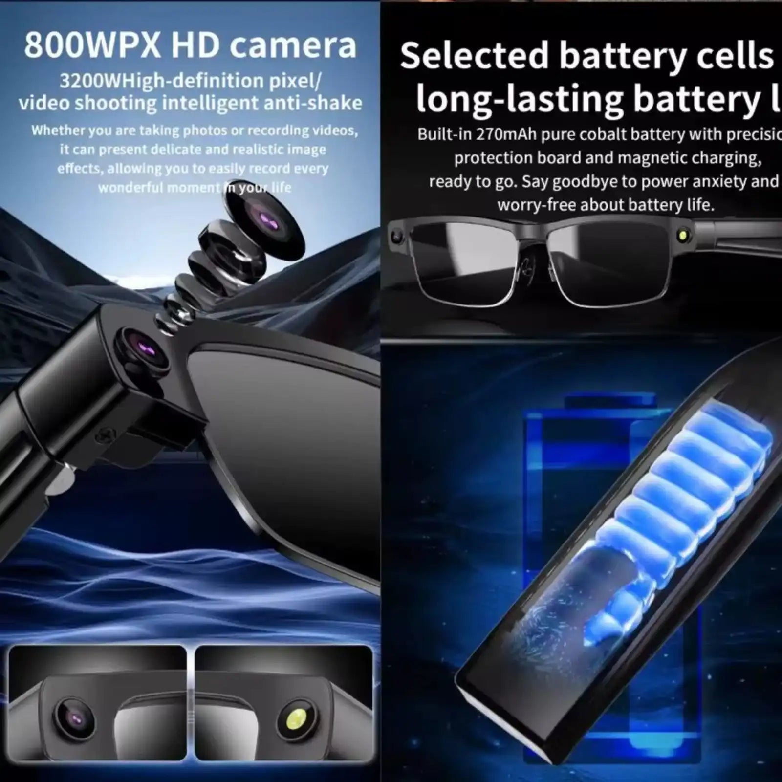 Smart glasses with 800WPX HD camera, gradient lenses, and battery display, TUTT