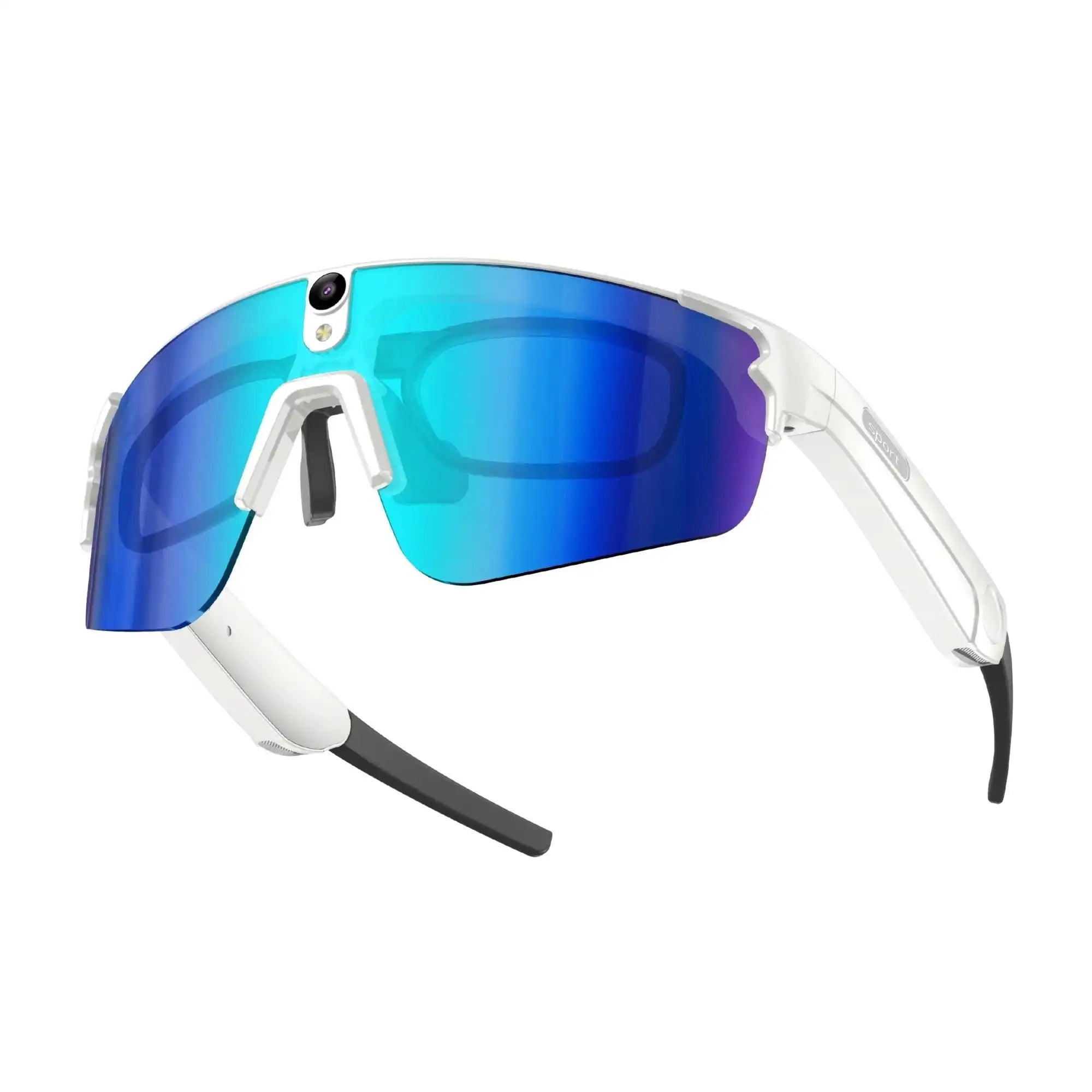 White TUTT™ AI glasses with blue gradient lenses, built-in camera for sports and outdoor use