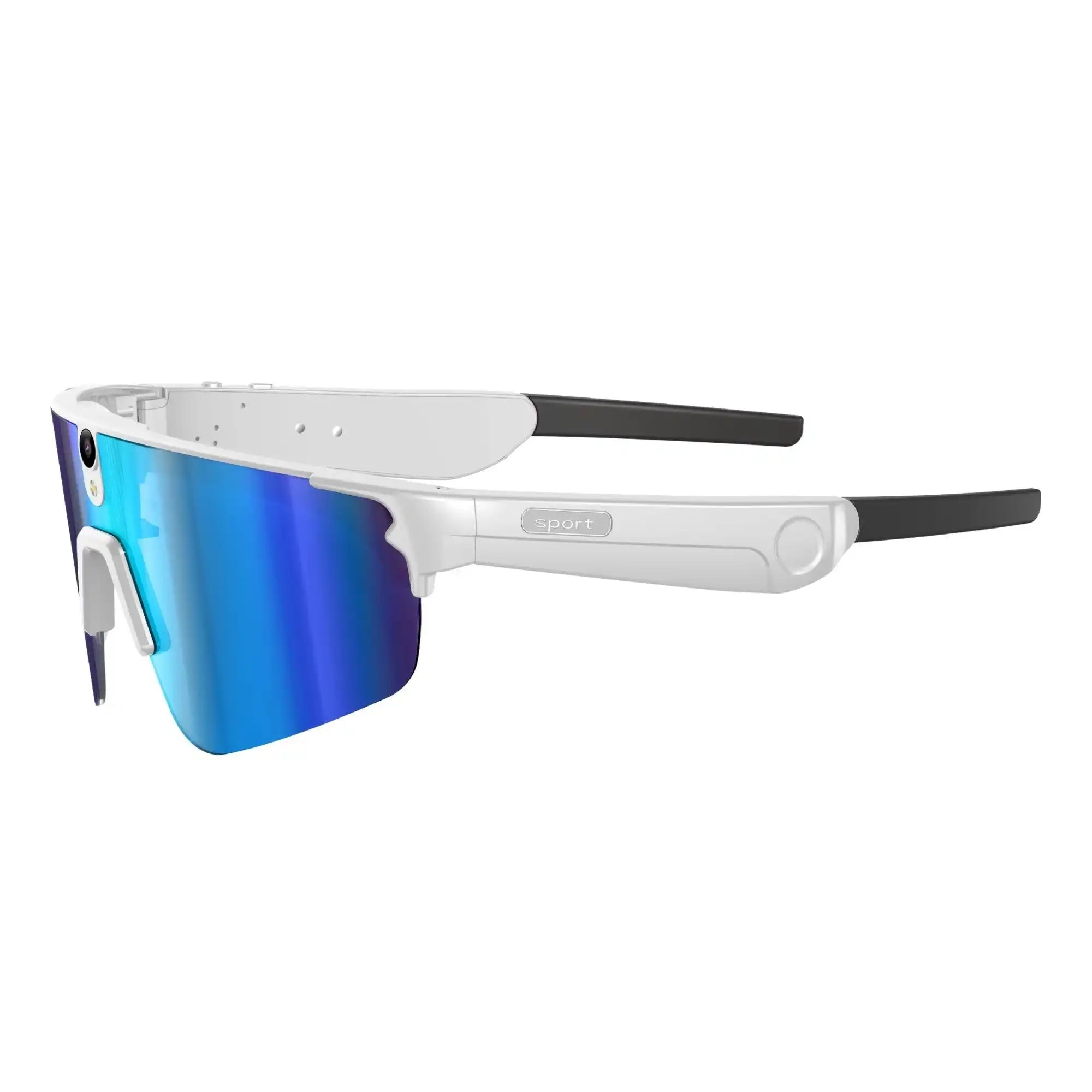 White TUTT™ AI glasses with blue mirrored lens, built-in camera, and sport temples for active use