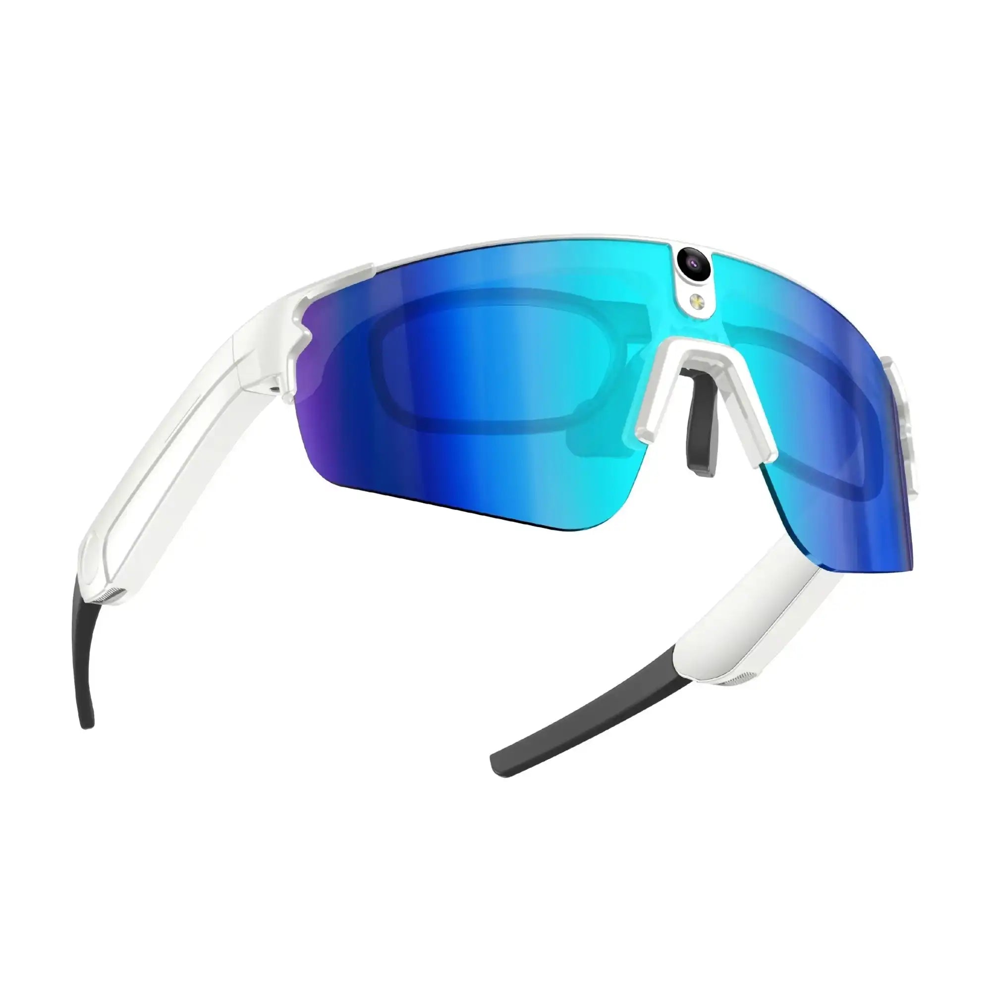 White TUTT™ AI glasses with blue gradient lenses, featuring built-in camera for smart vision and hands-free productivity