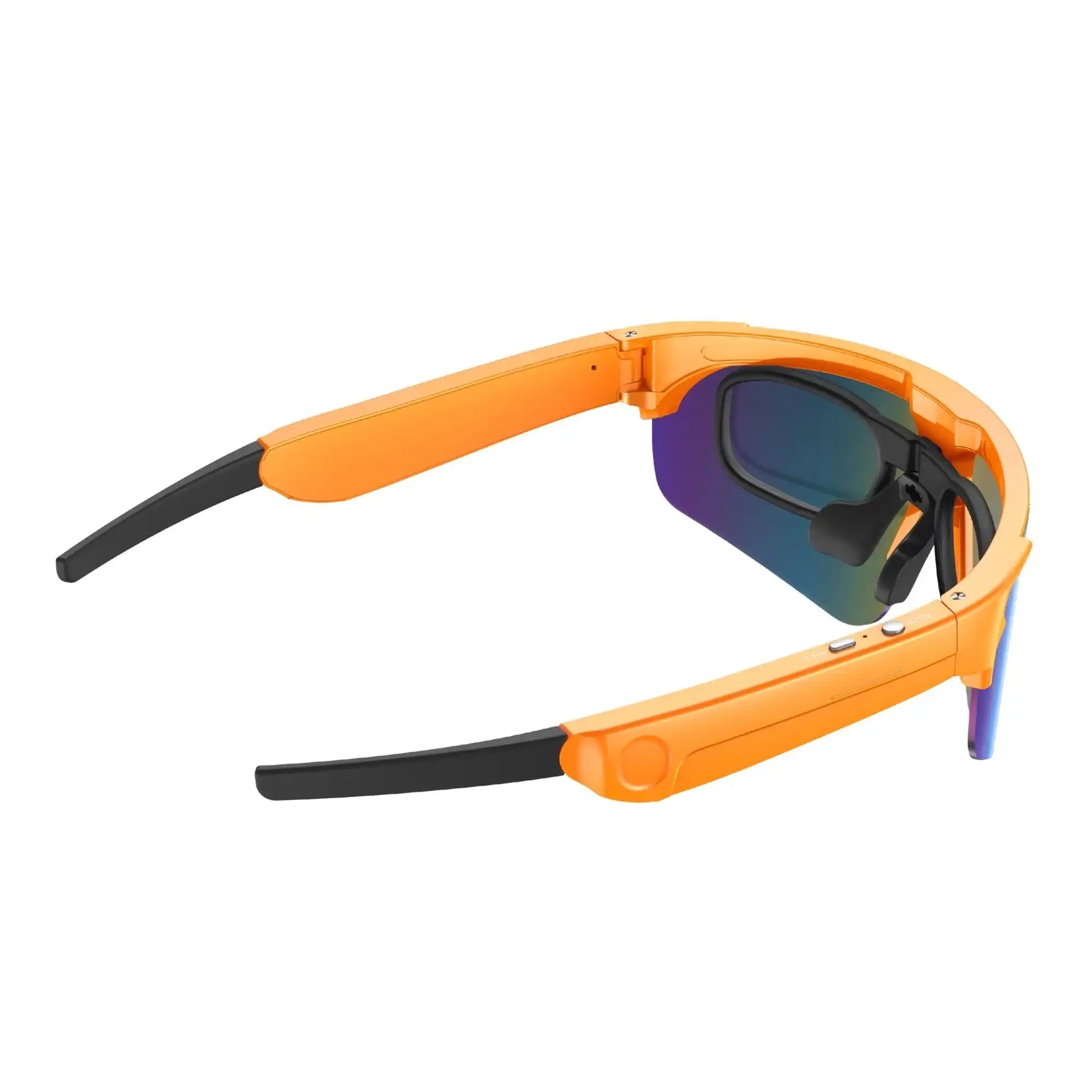 Vibrant orange TUTT™ AI glasses with gradient lenses, designed for tech-savvy users seeking smartwear innovation.