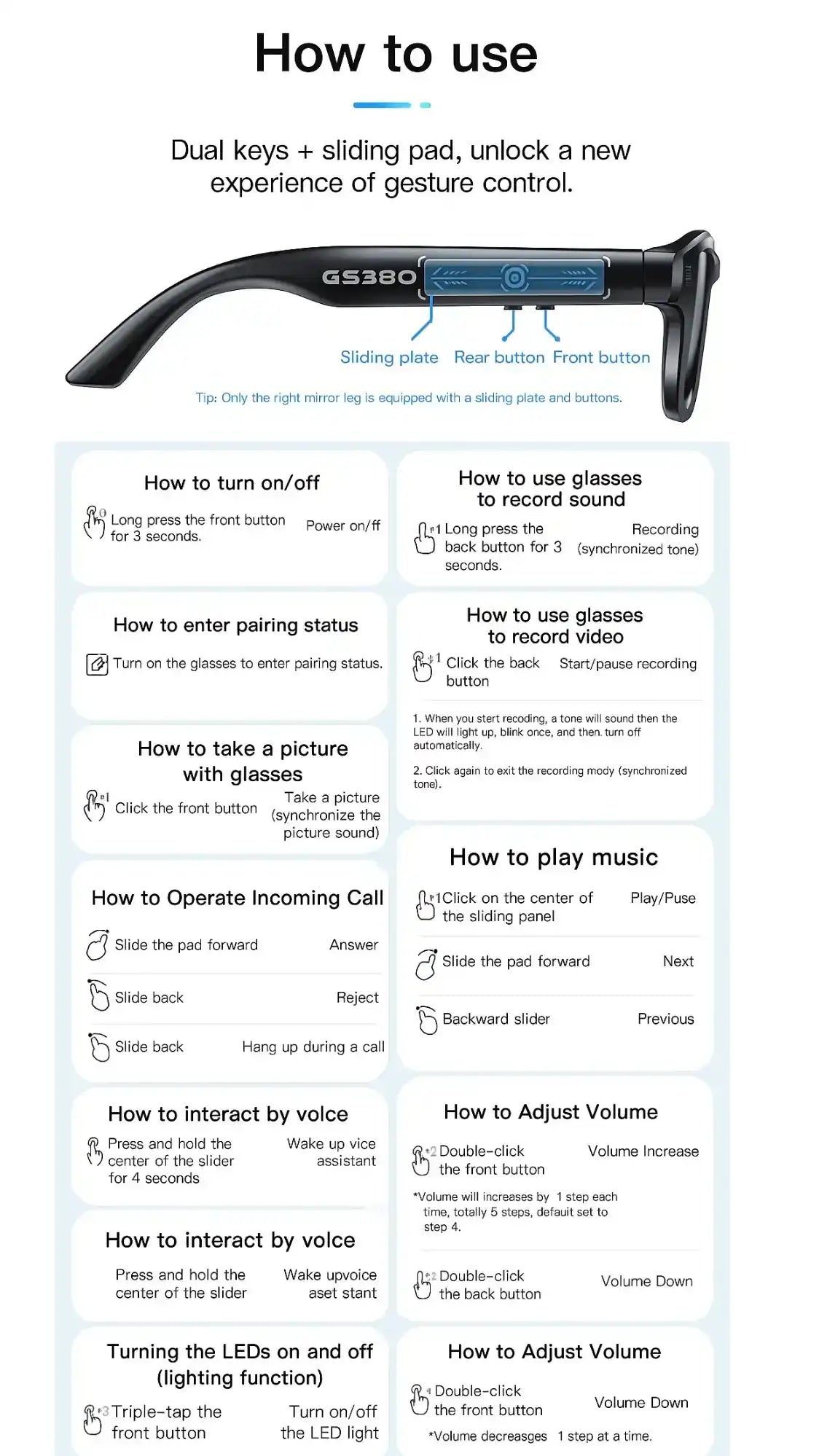 Instruction sheet for GS380 smart glasses showing buttons, sliding plate, and usage guide TUTT