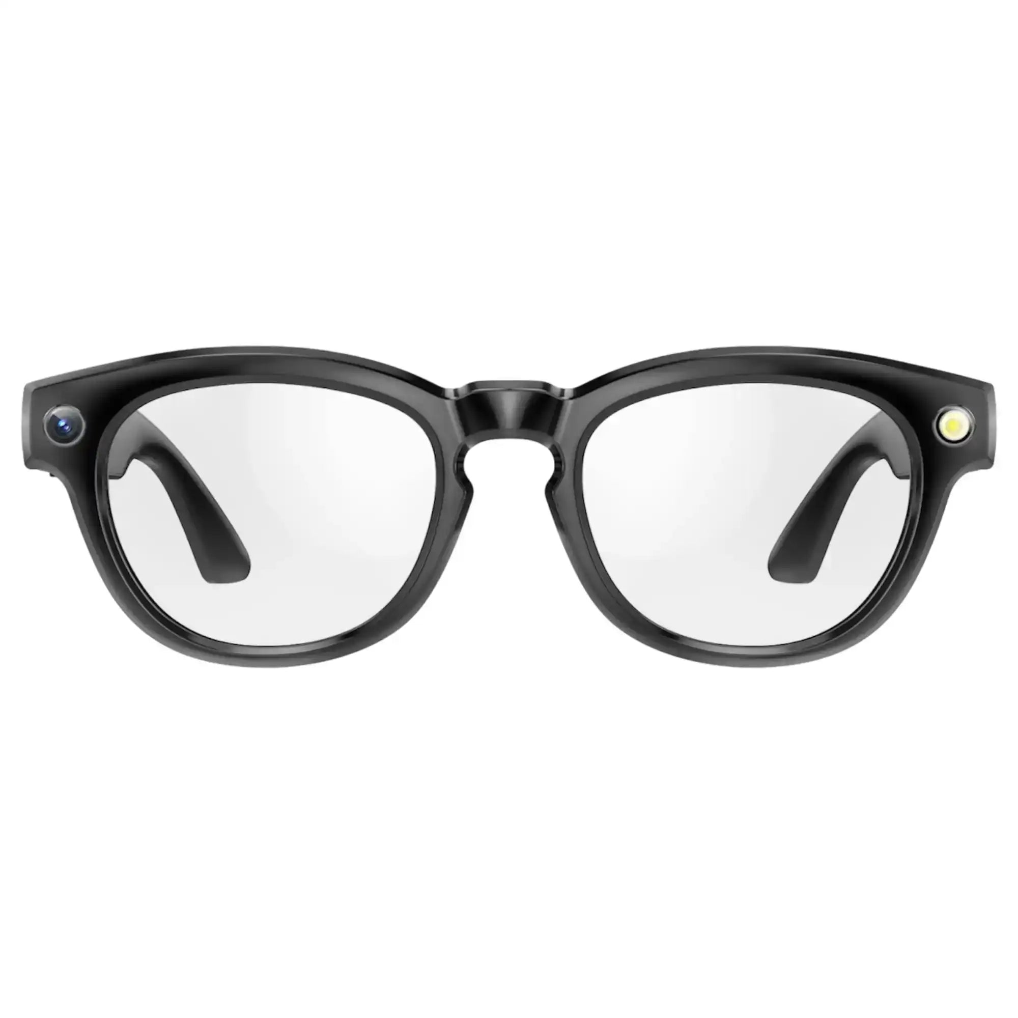Black smart glasses with camera and LED on the frames, clear lenses, white background. TUTT