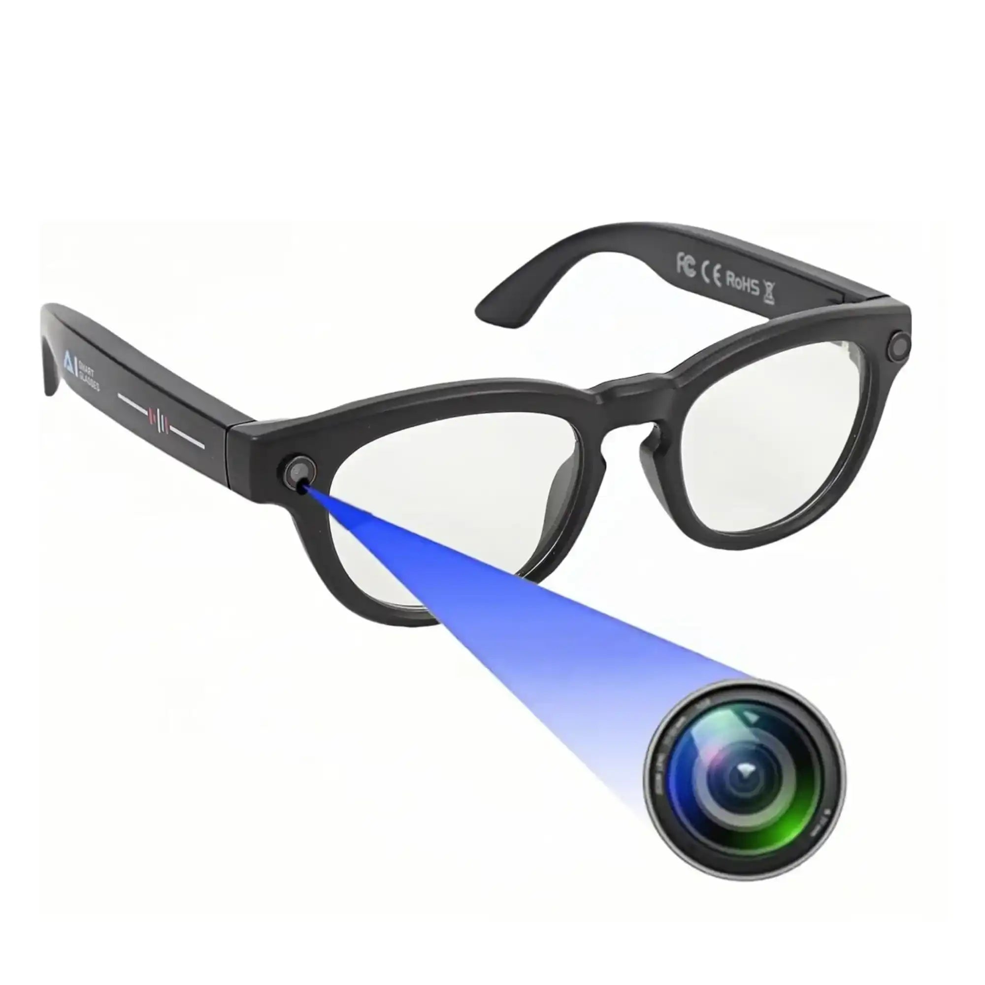 Smart glasses with camera lens and blue beam, black frame AI glasses technology TUTT