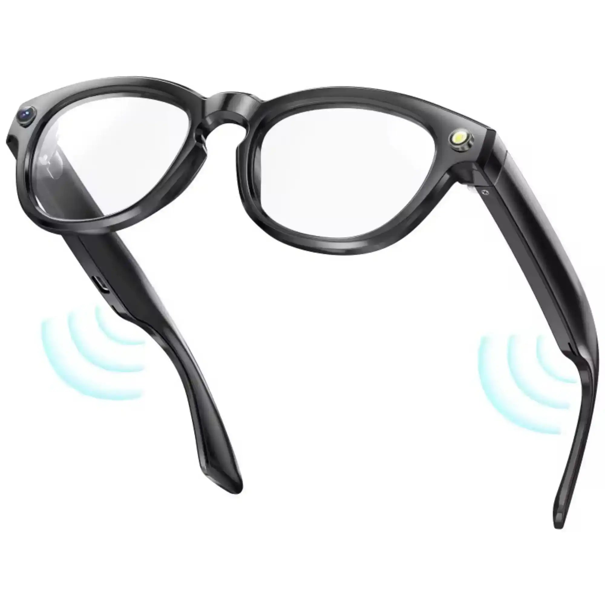 Black smart glasses with clear lenses, camera, and wireless signals on white background TUTT