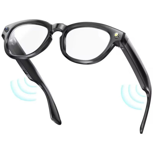 Black smart glasses with clear lenses, camera, and wireless signals on white background TUTT