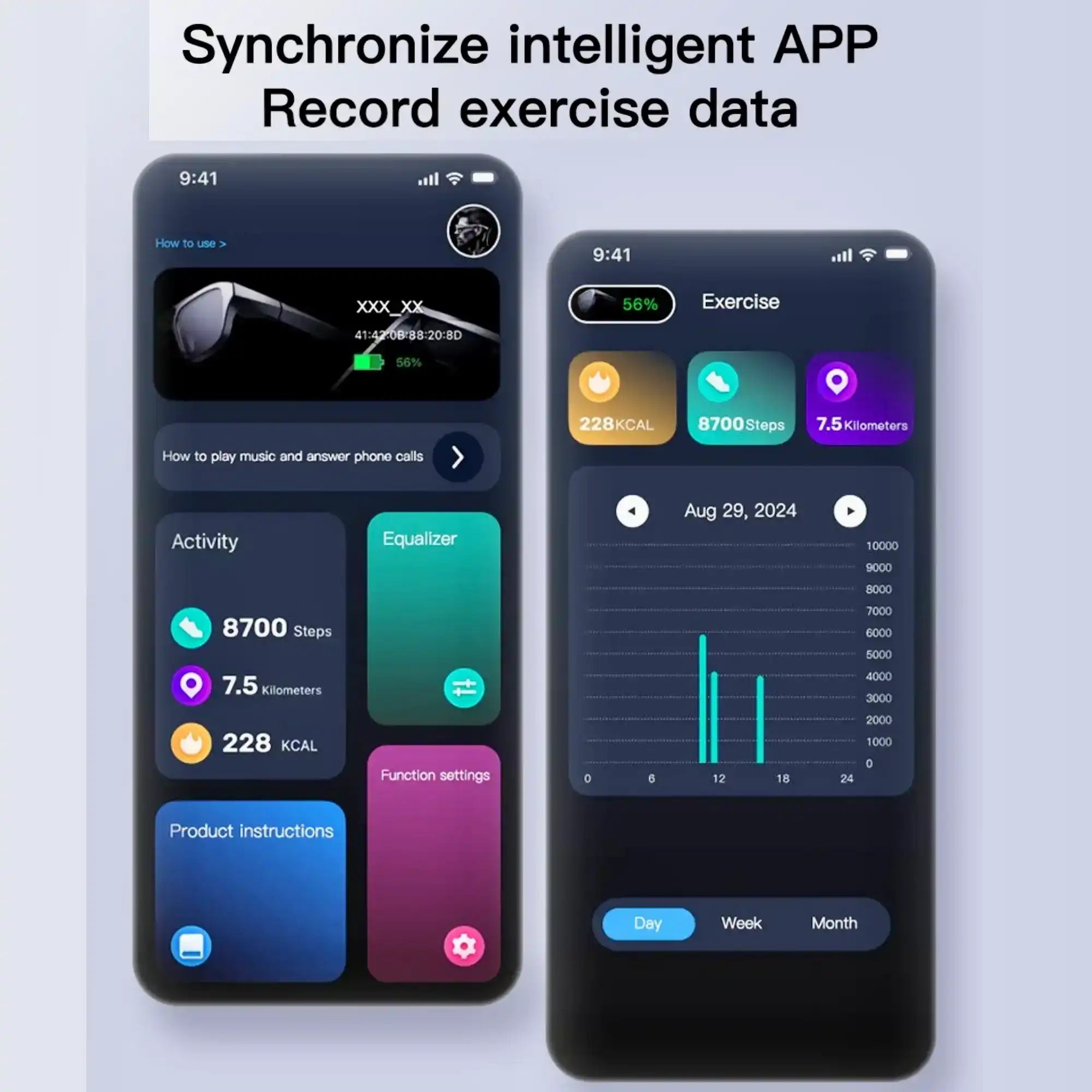 Smart glasses mobile app screenshot showing activity tracking and health data syncing, TUTT