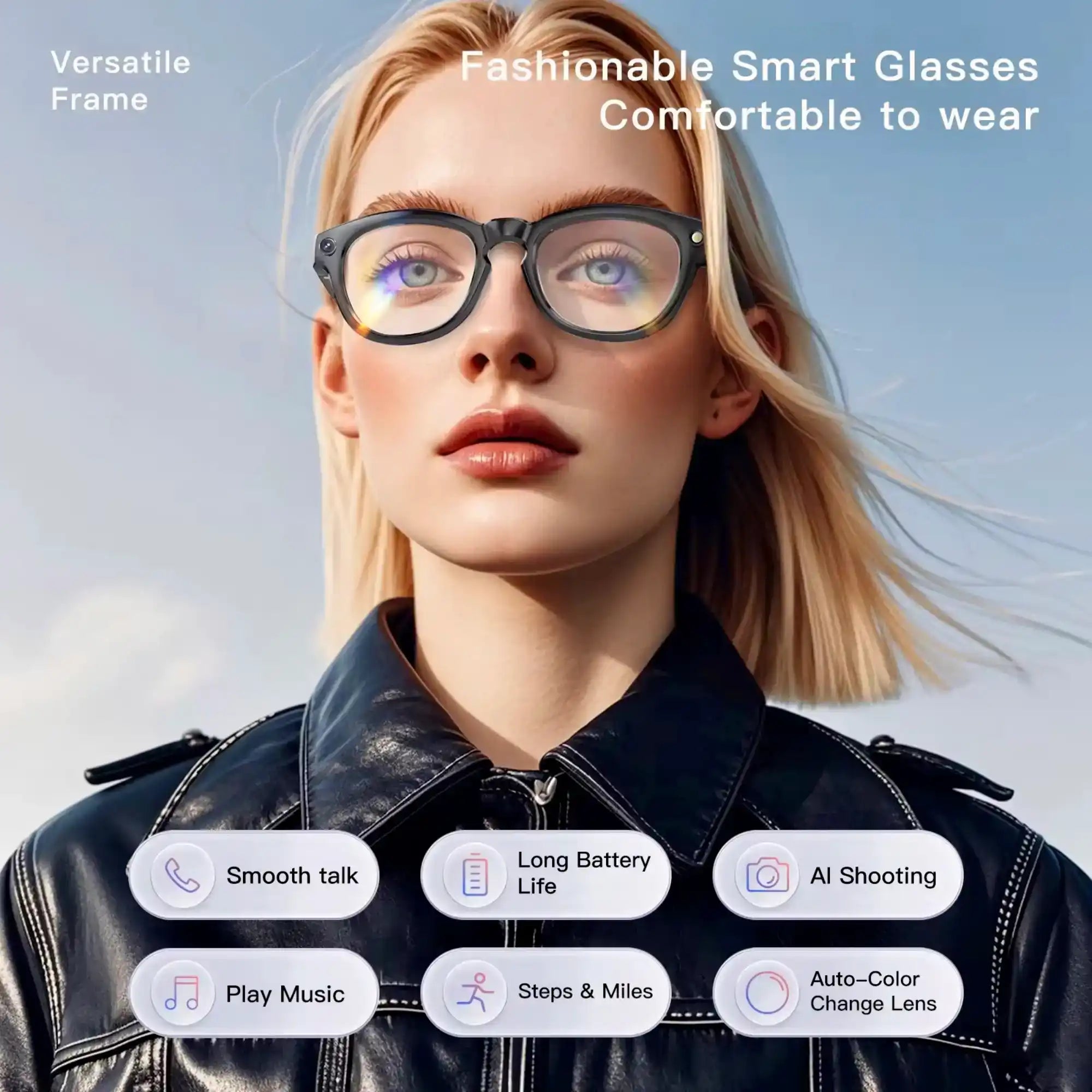 Woman wearing TUTT GS3 smart glasses outdoors, feature icons and fashion focus, TUTT