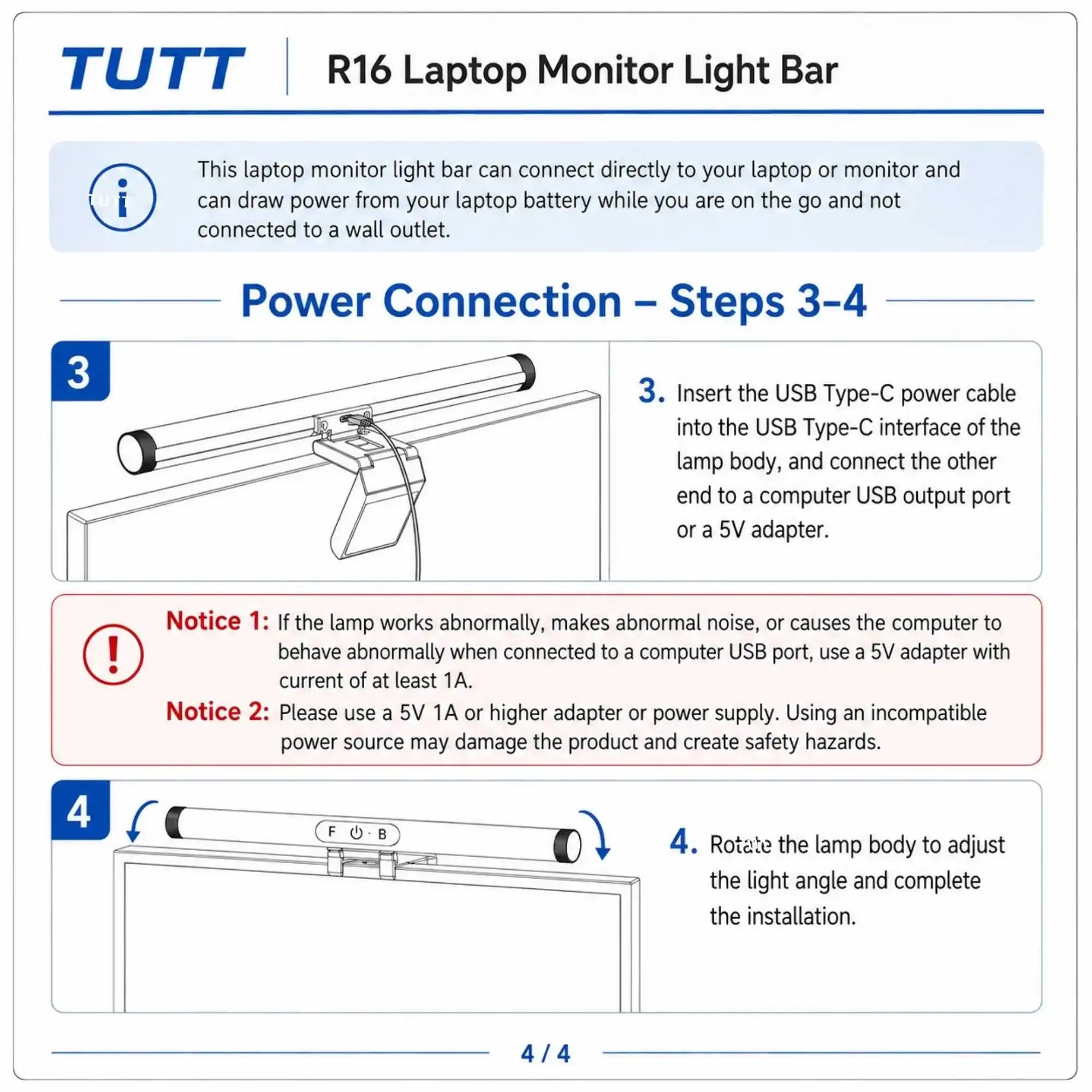 TUTT Laptop Monitor Light Bar | Dual Front & Back LED Lighting | Touch Dimming and 4 Adjustable Color Temperature R16