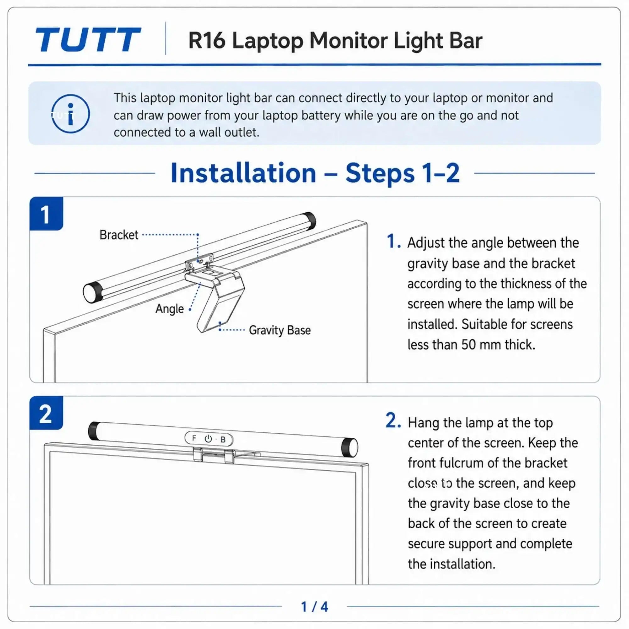 TUTT Laptop Monitor Light Bar | Dual Front & Back LED Lighting | Touch Dimming and 4 Adjustable Color Temperature R16