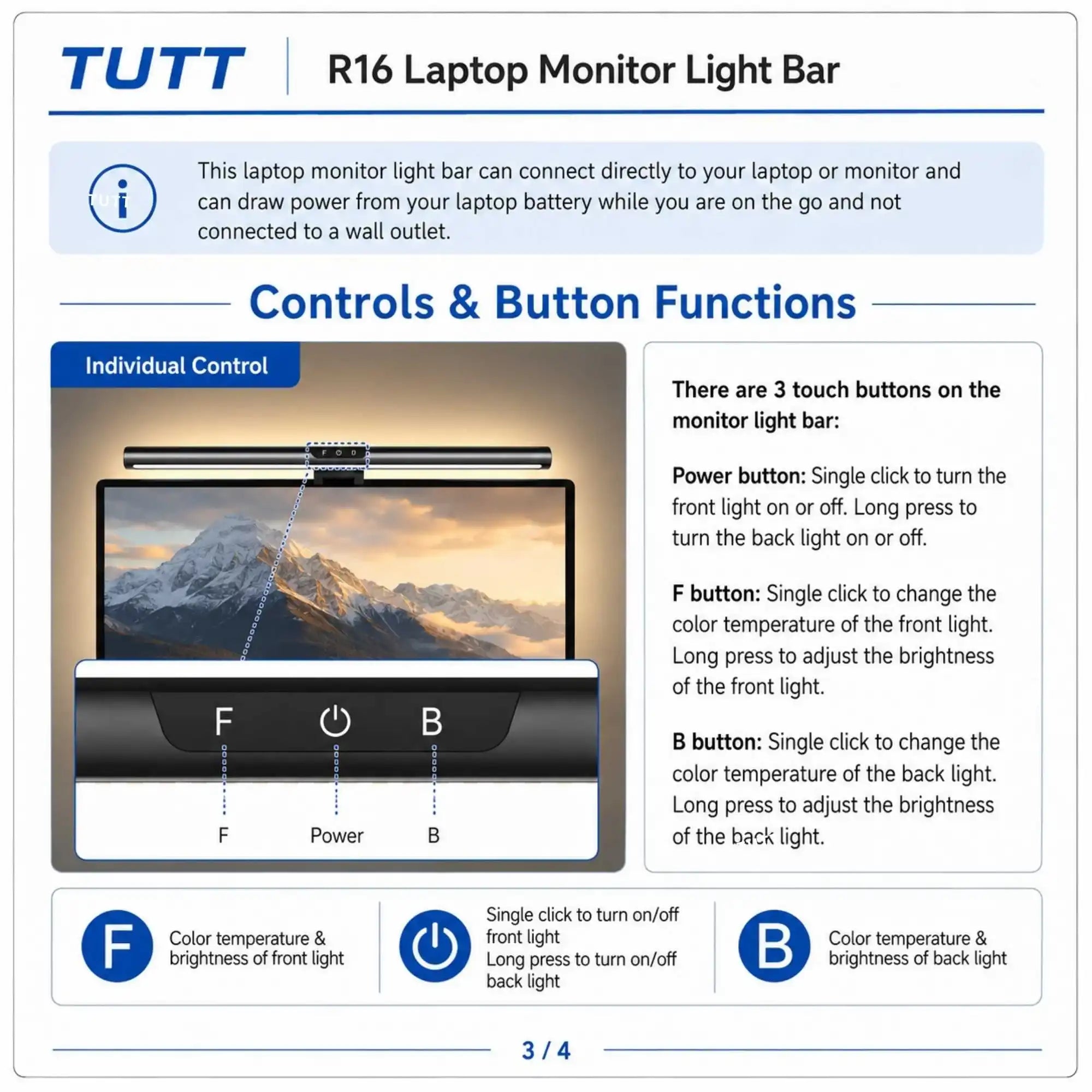 TUTT Laptop Monitor Light Bar | Dual Front & Back LED Lighting | Touch Dimming and 4 Adjustable Color Temperature R16