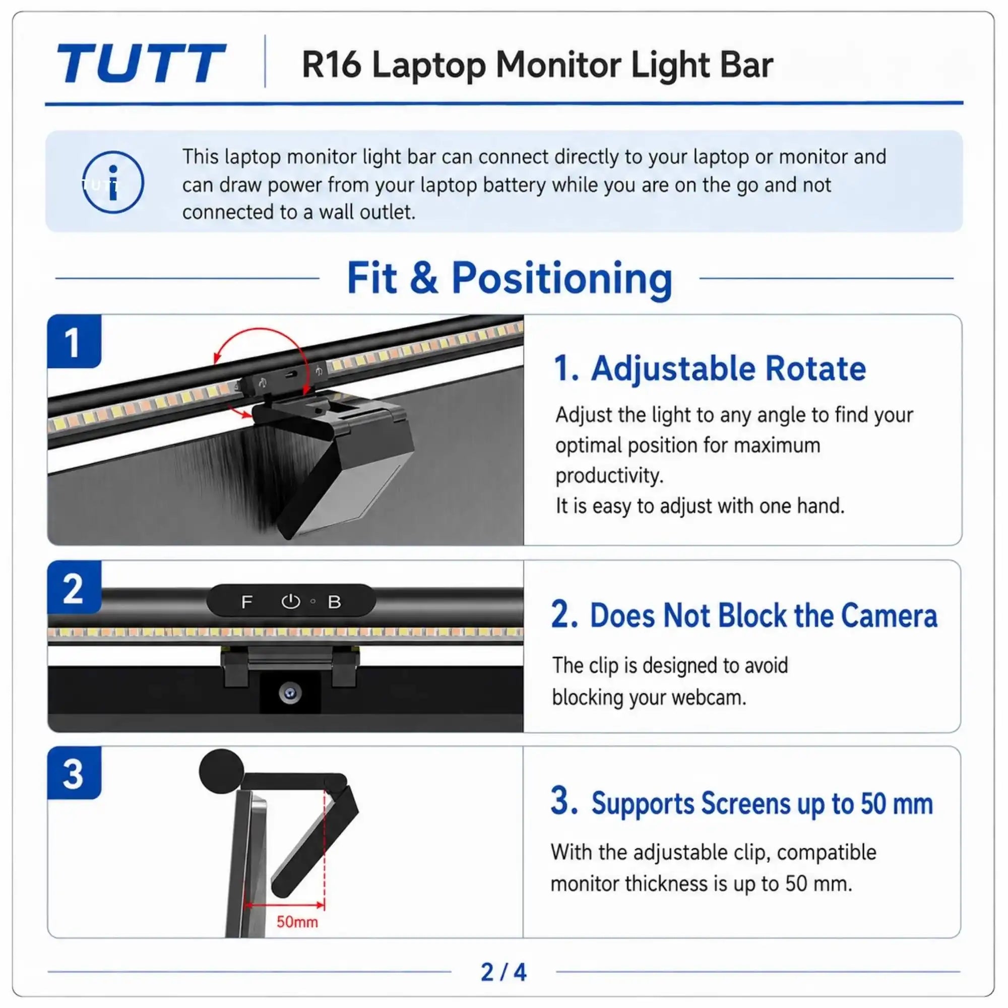 TUTT Laptop Monitor Light Bar | Dual Front & Back LED Lighting | Touch Dimming and 4 Adjustable Color Temperature R16