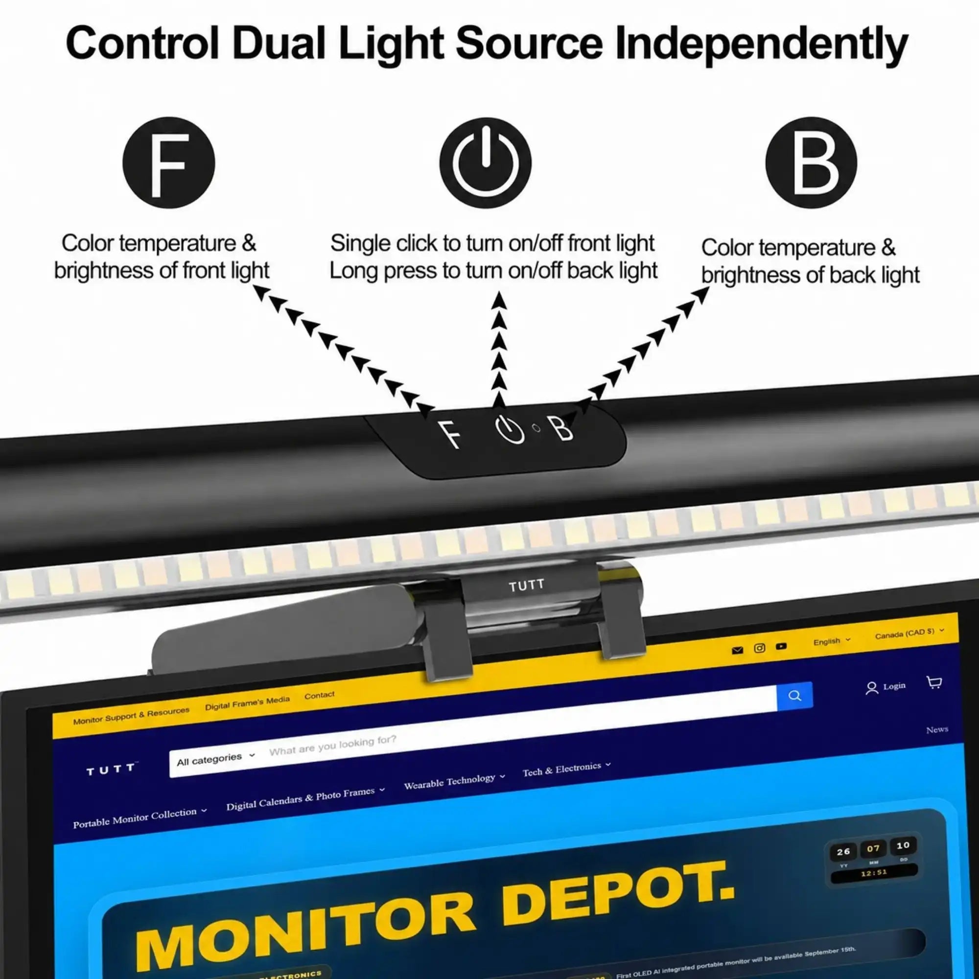 A TUTT dual light bar monitor mount shown above a computer monitor, with explanatory text and icons explaining independent control of front and back light color temperature and brightness.