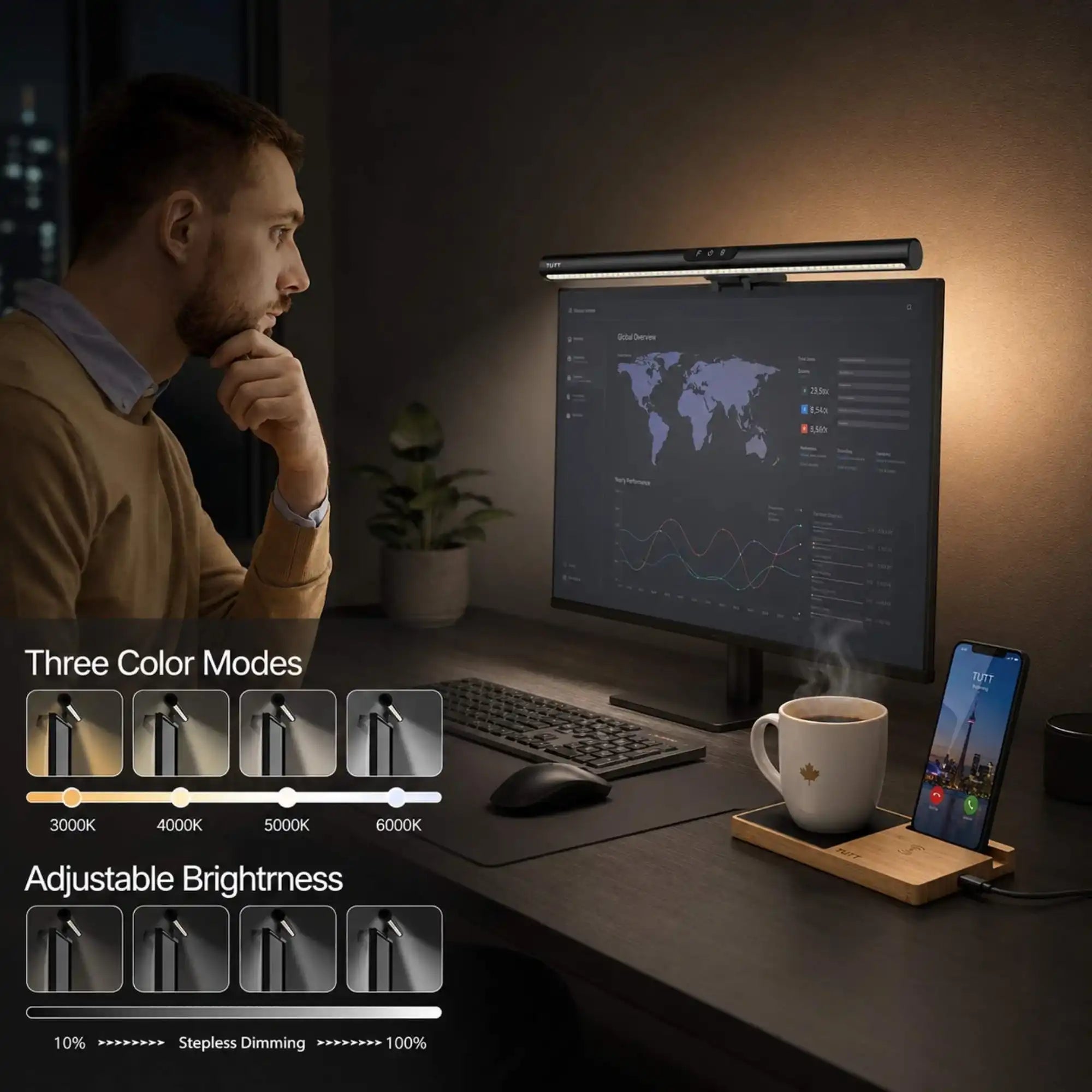 TUTT™ monitor light bar with adjustable brightness and color modes on a productivity desk setup, enhancing screen visibility for work or gaming.
