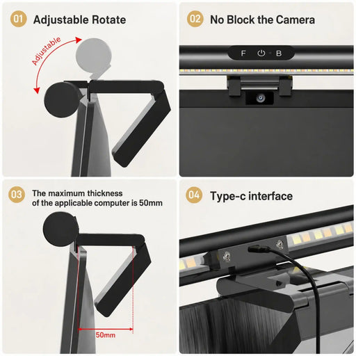 TUTT™ portable monitor with adjustable rotation, camera clearance, 50mm laptop compatibility, and Type-C interface for productivity setups