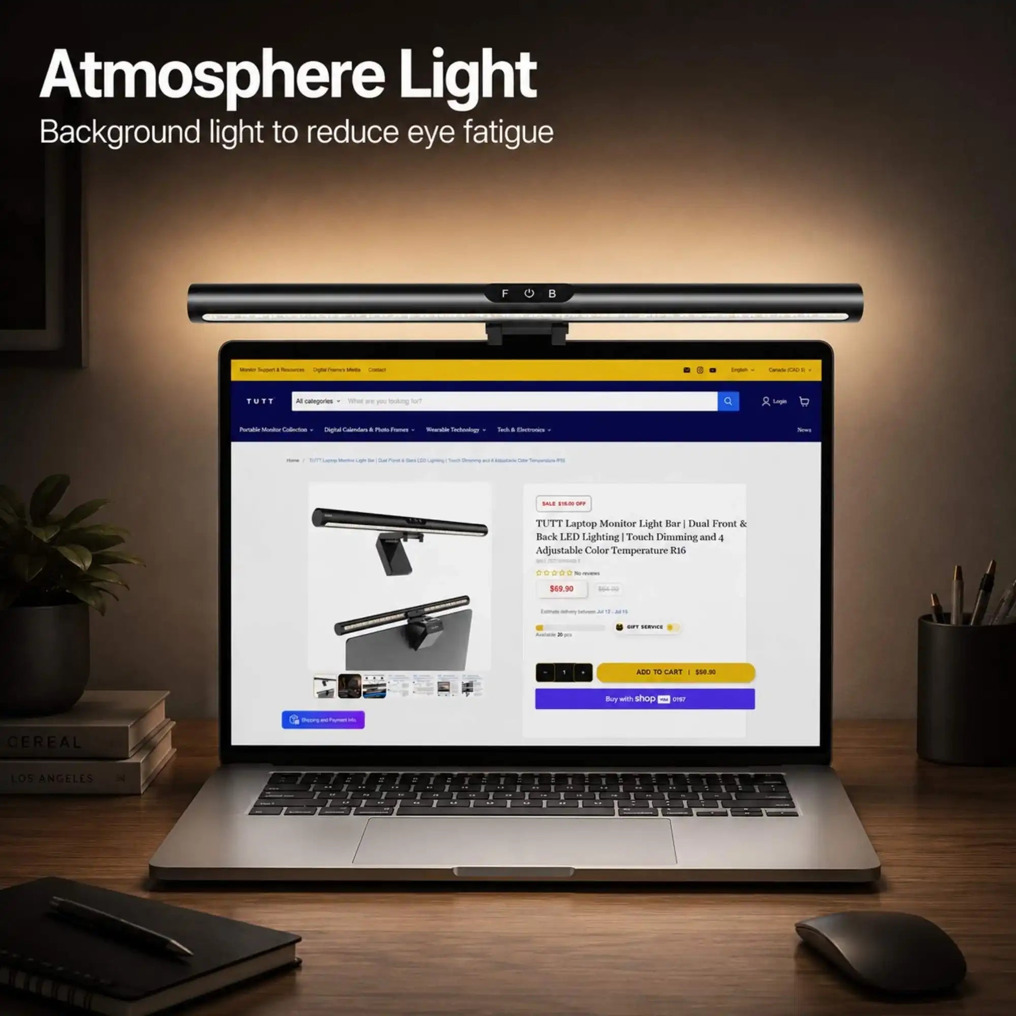 TUTT™ laptop monitor light bar with atmosphere lighting, reducing eye fatigue on a productivity desk setup