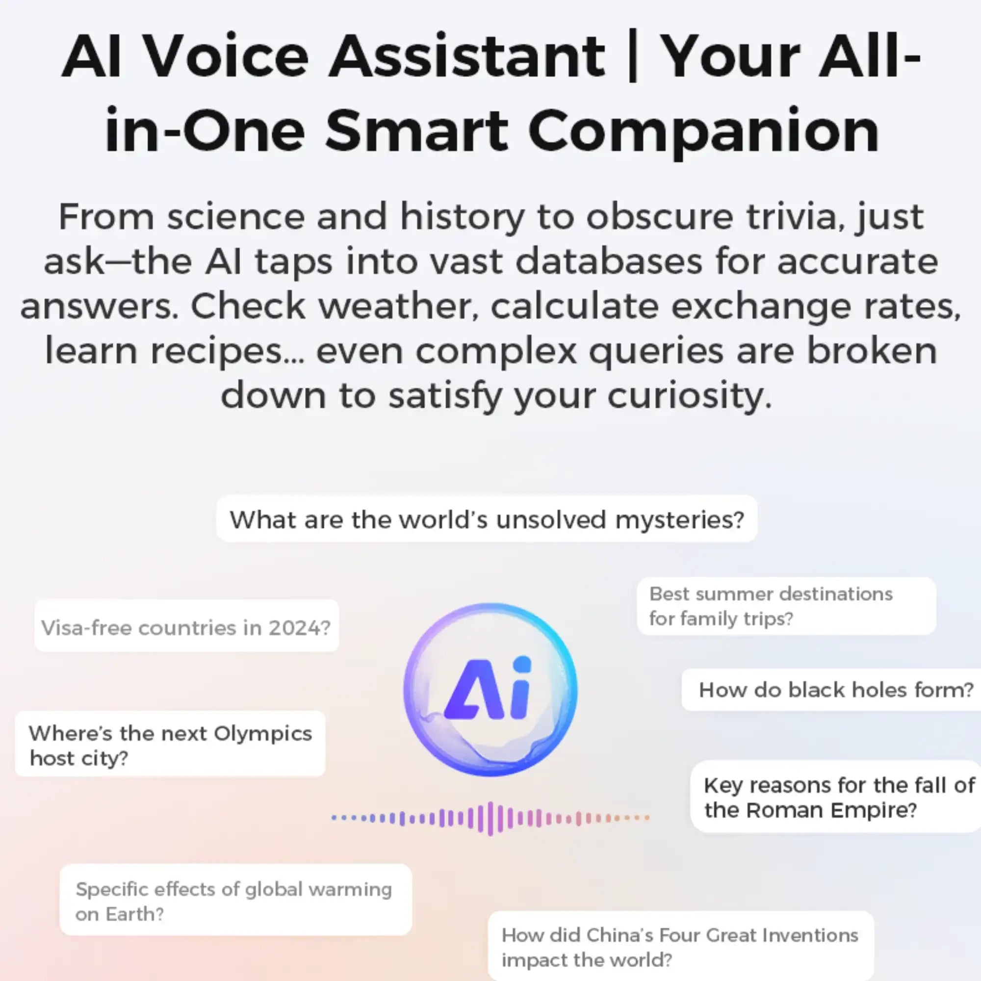 AI voice assistant promo with colorful AI logo, sample questions, and smart companion features, TUTT