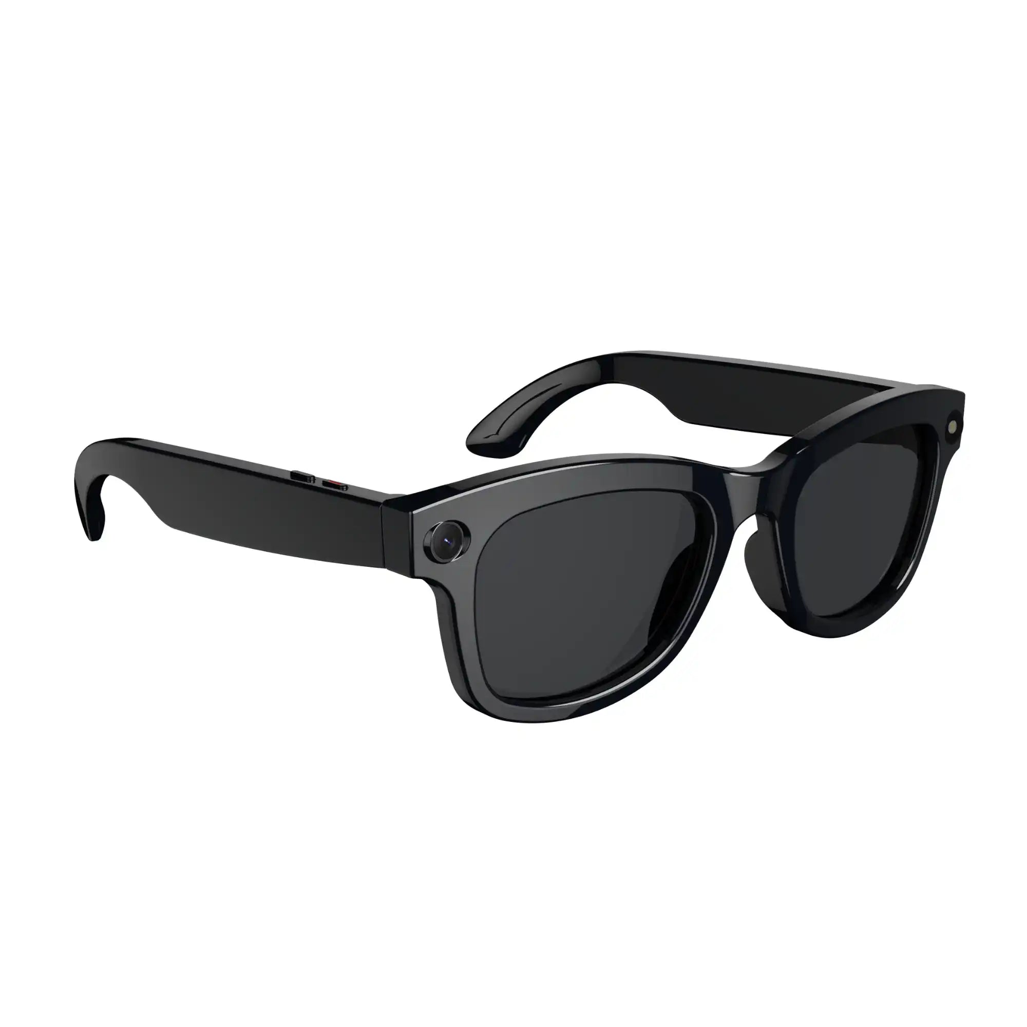 Black smart AI sunglasses with camera and thick frames on white background TUTT