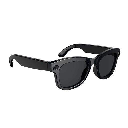 Black smart AI sunglasses with camera and thick frames on white background TUTT