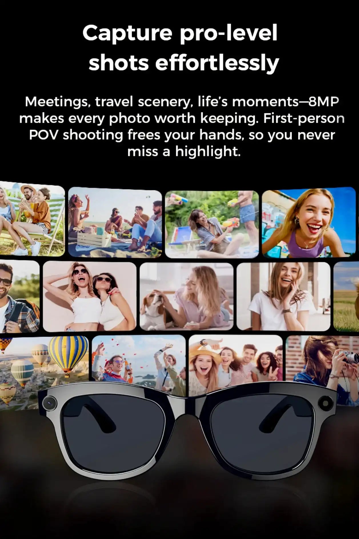 Smart AI camera sunglasses with 8MP lens, showing lifestyle photos and black modern frame, TUTT