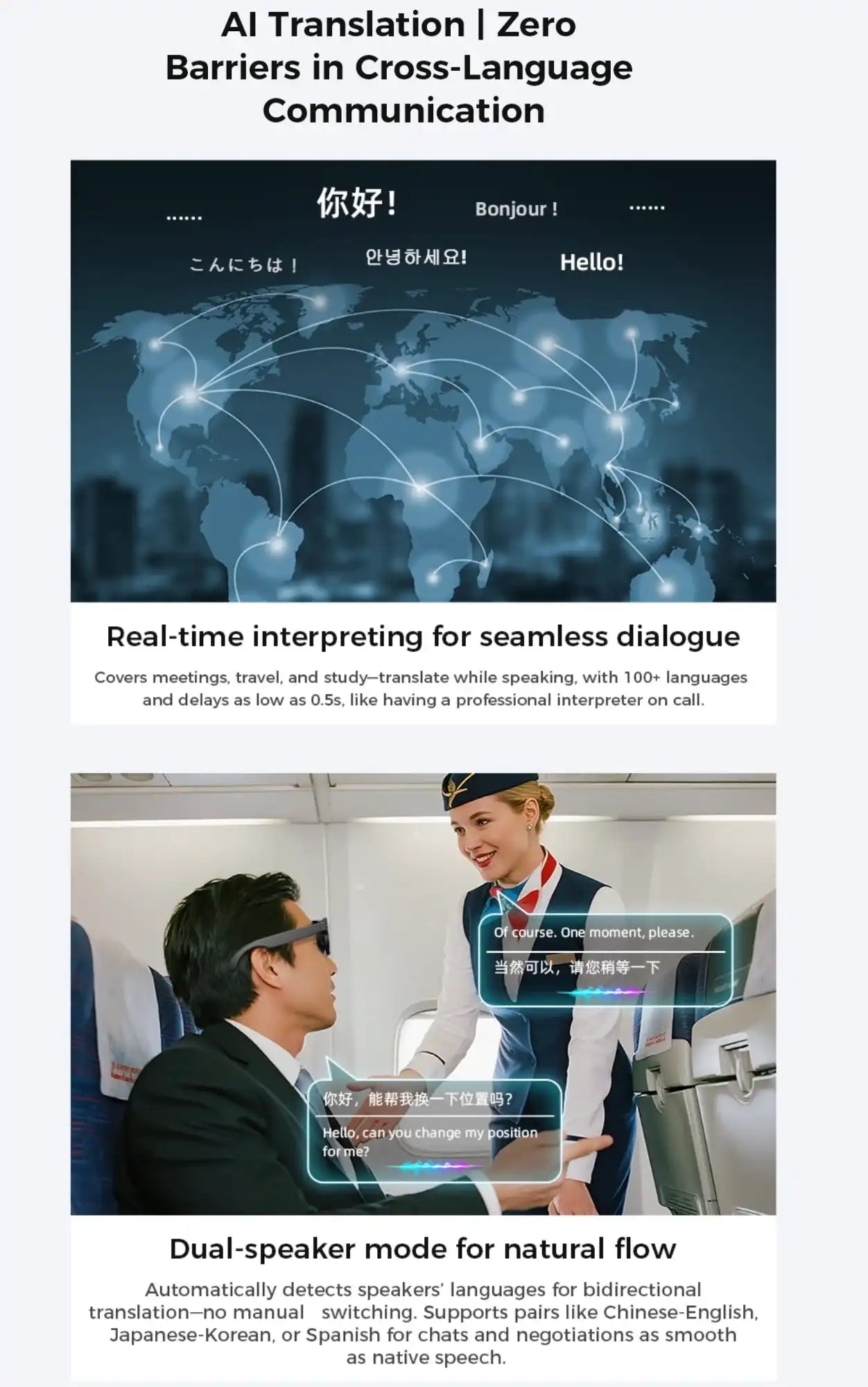 AI translation smart glasses shown translating conversation between passenger and flight attendant, world map with multilingual greetings, promoting real-time language interpreting and dual-speaker mode features. TUTT