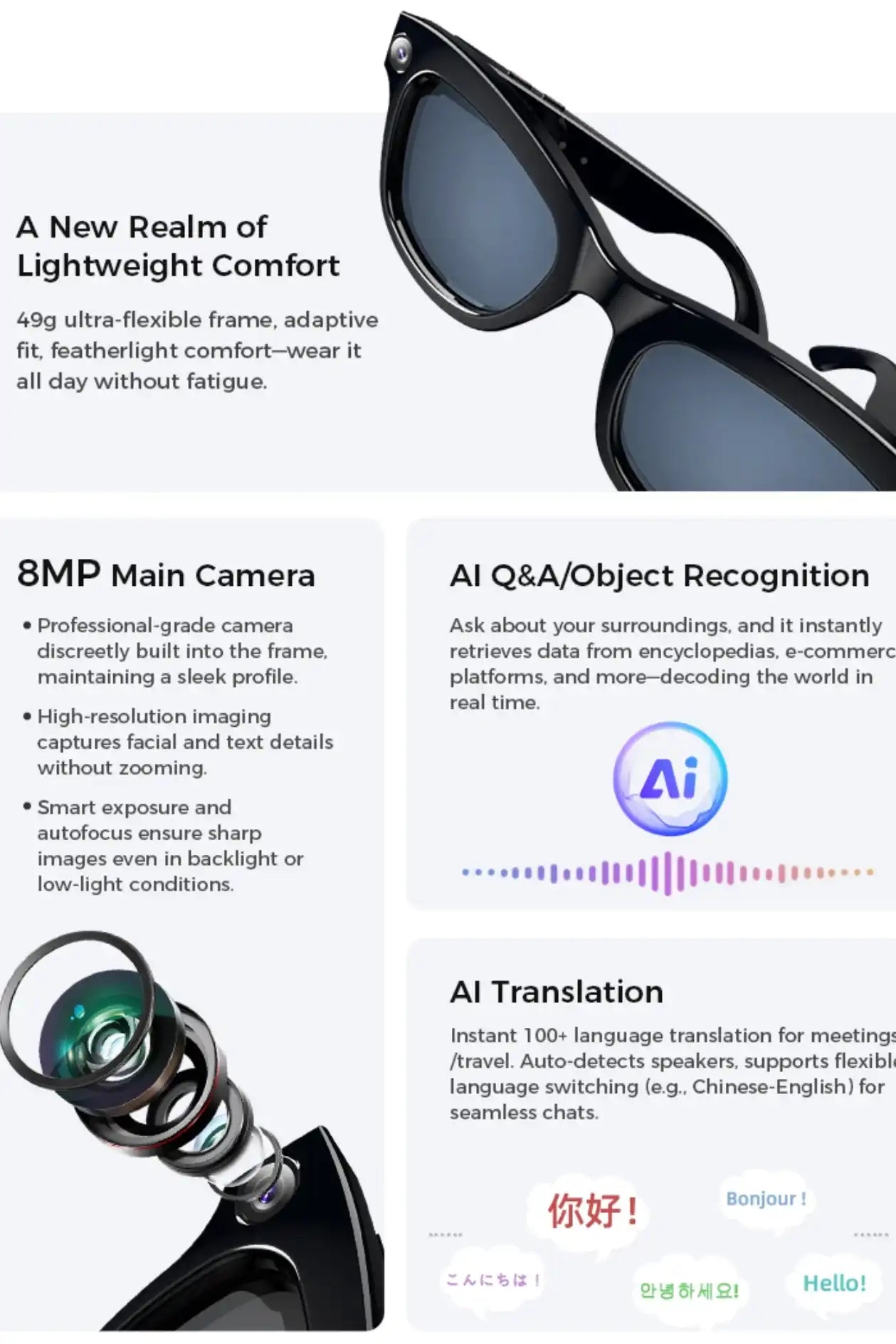 Smart AI sunglasses with 8MP camera, sleek black frame, and translation features, TUTT