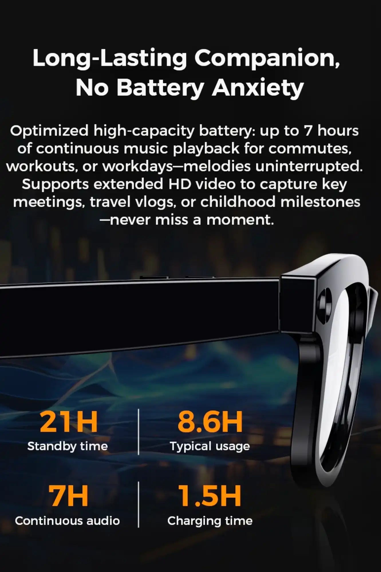 Smart AI glasses with black frame, battery life info: 21H standby, 7H audio, 1.5H charge. TUTT