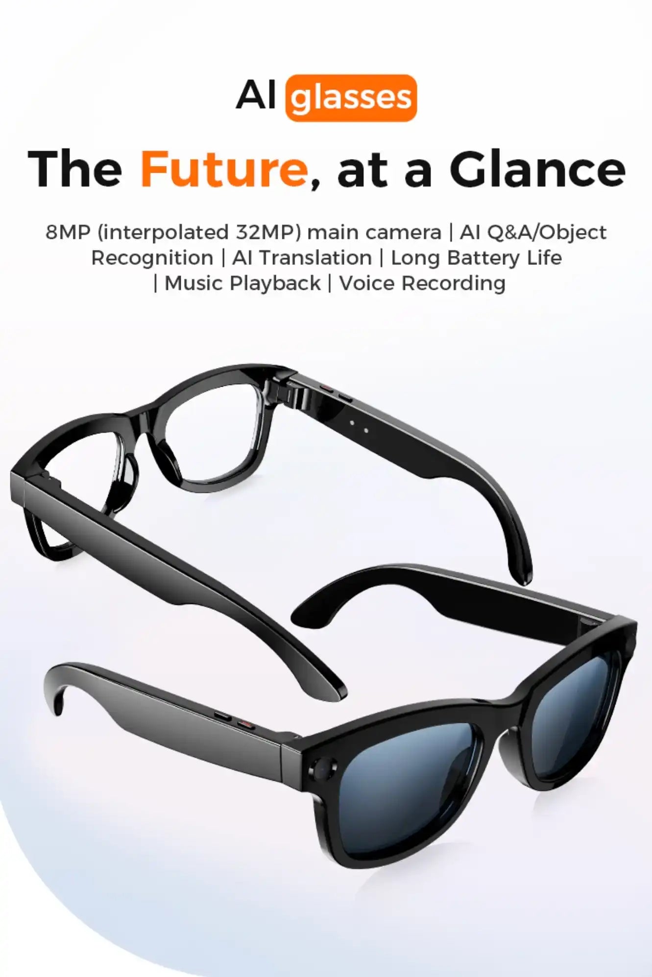 Black AI smart glasses with camera and features text, on white background, TUTT