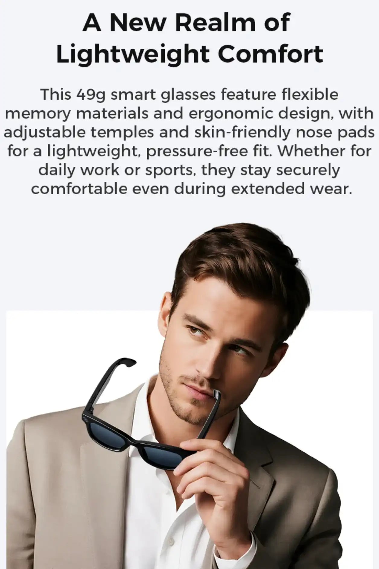 Man in beige suit holding black smart glasses, lightweight ergonomic AI sunglasses, TUTT