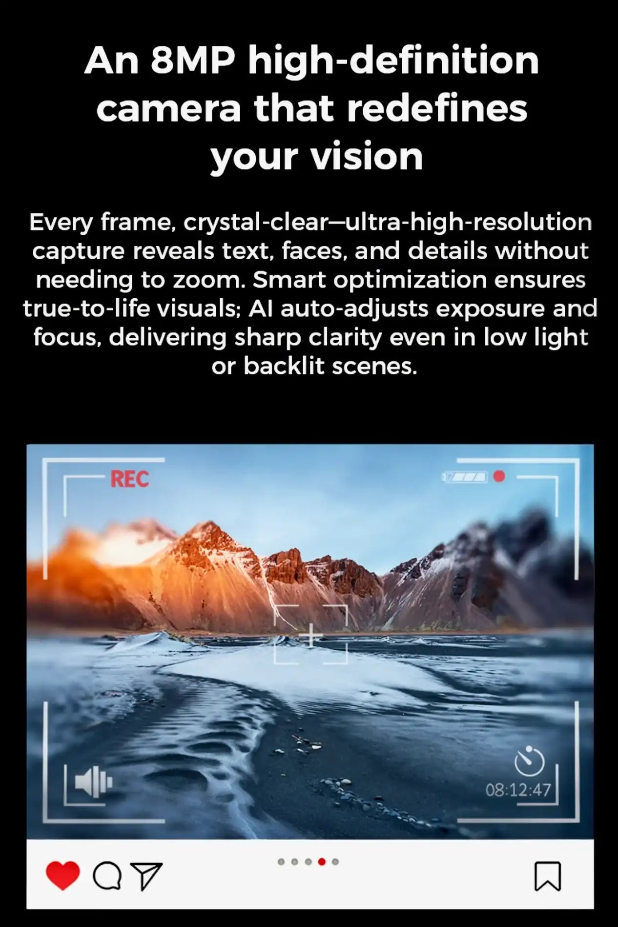 8MP AI camera promotional image featuring snowy mountains and frozen landscape, digital overlay, TUTT