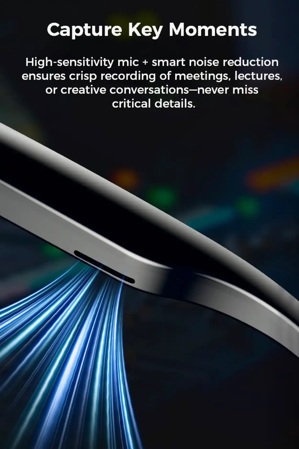 Close-up of AI smart glasses with blue sound waves, high-sensitivity mic feature, dark background, TUTT