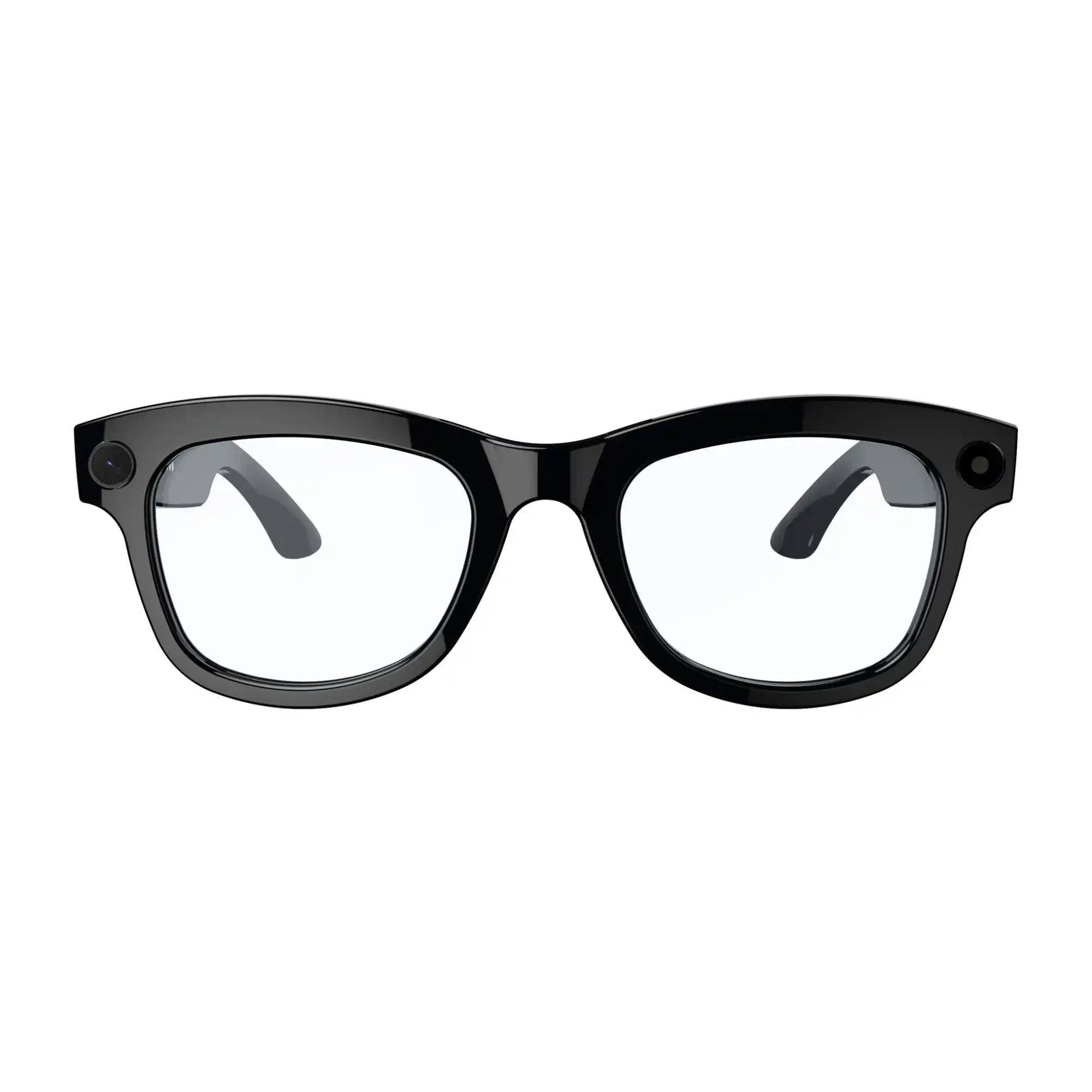 Black smart AI glasses with clear lenses and built-in cameras, front view, TUTT