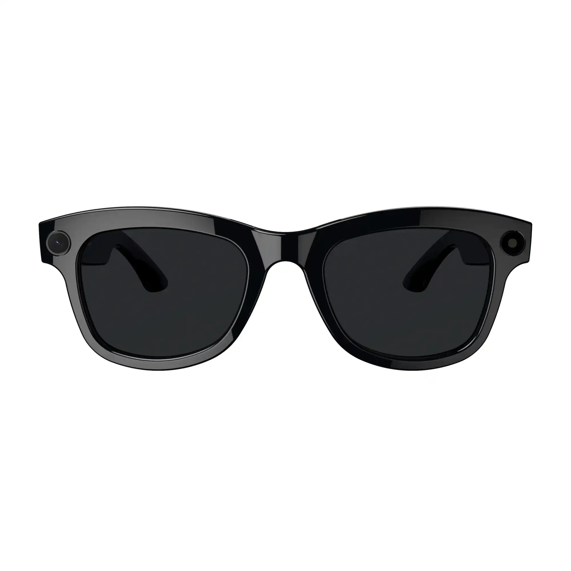 Black smart AI sunglasses with dark lenses and small built-in cameras, front view, TUTT