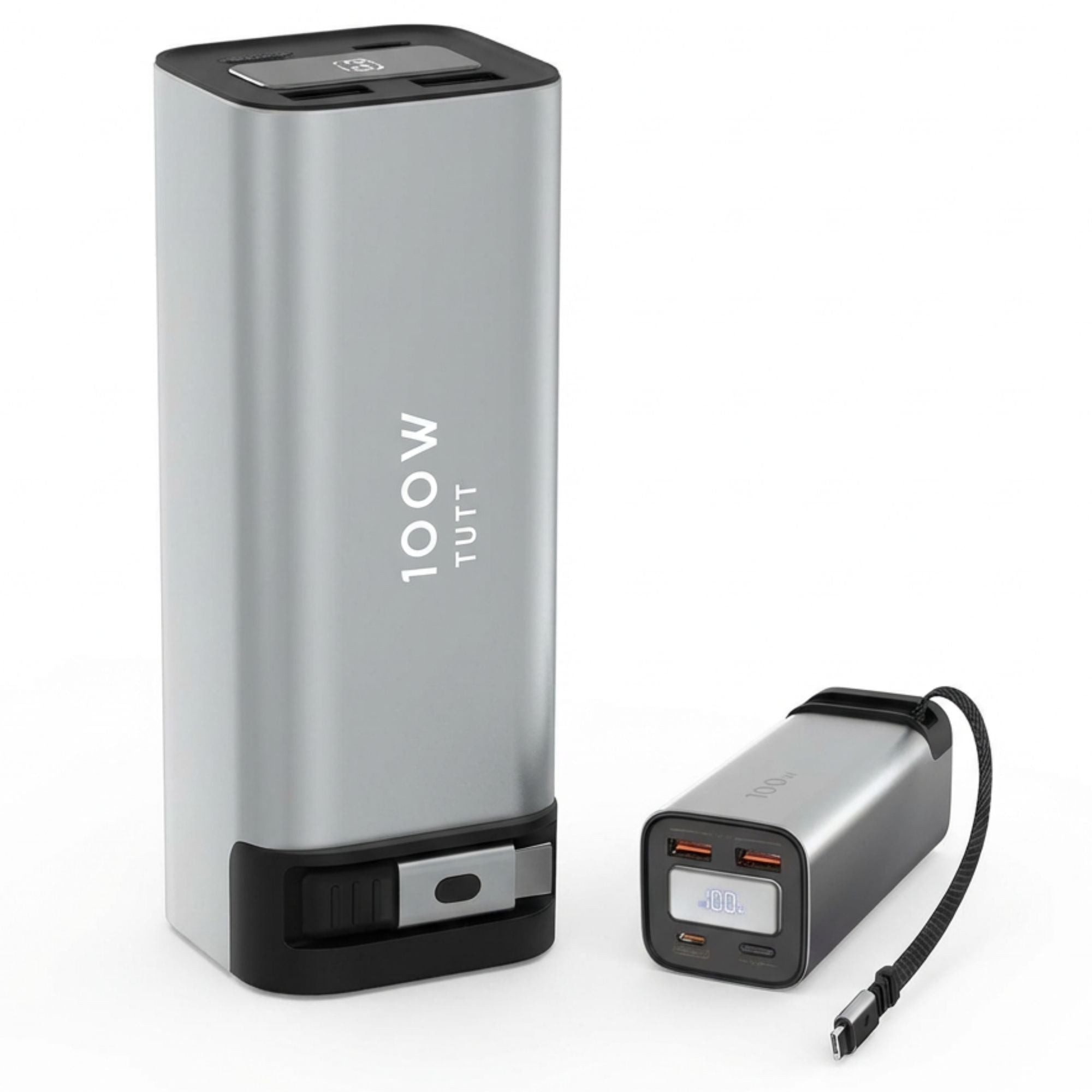 Two power banks, one larger and one smaller, on a white background with '100W TUTU' branding.
