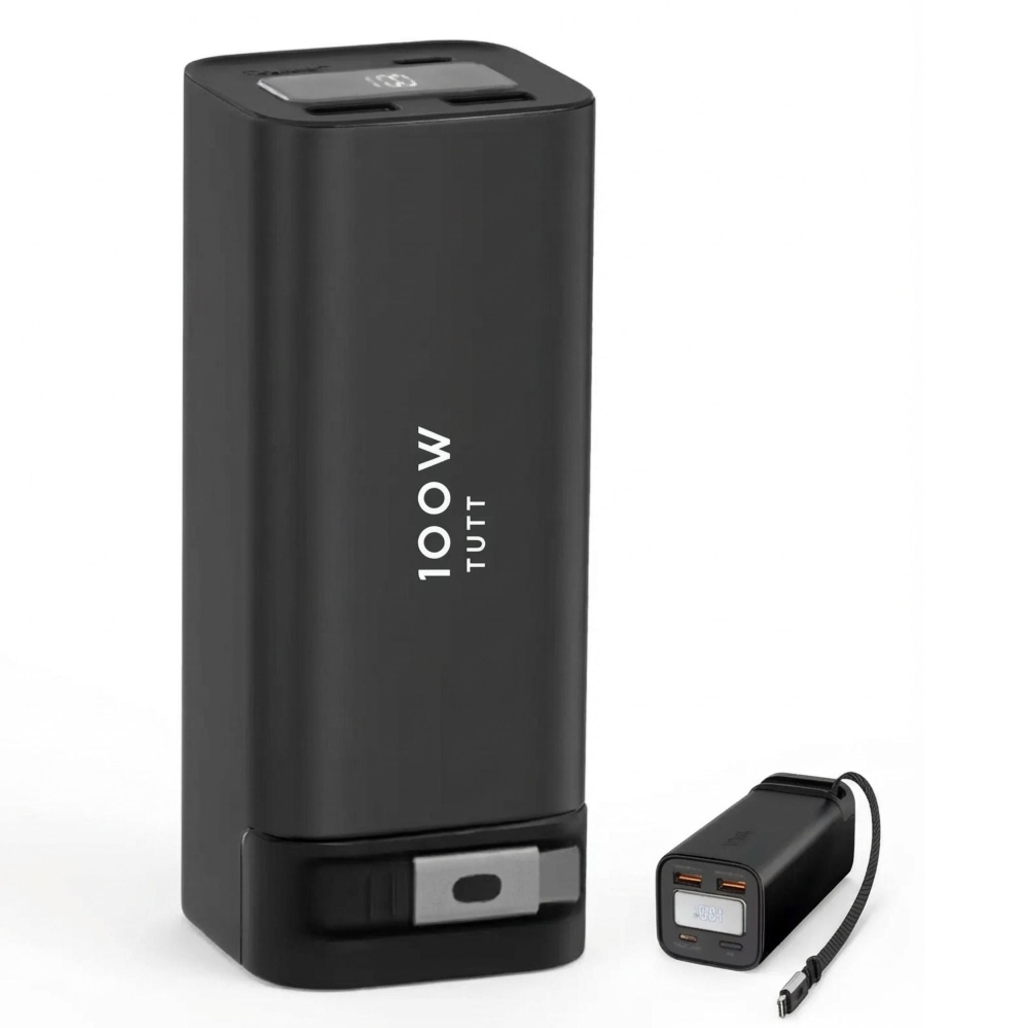 Black power bank with '100W TUTT' branding on a white background
