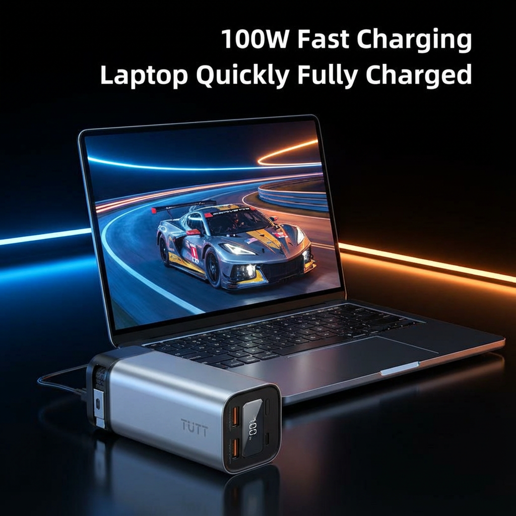 Laptop with a power bank on a dark background, showcasing fast charging capability.