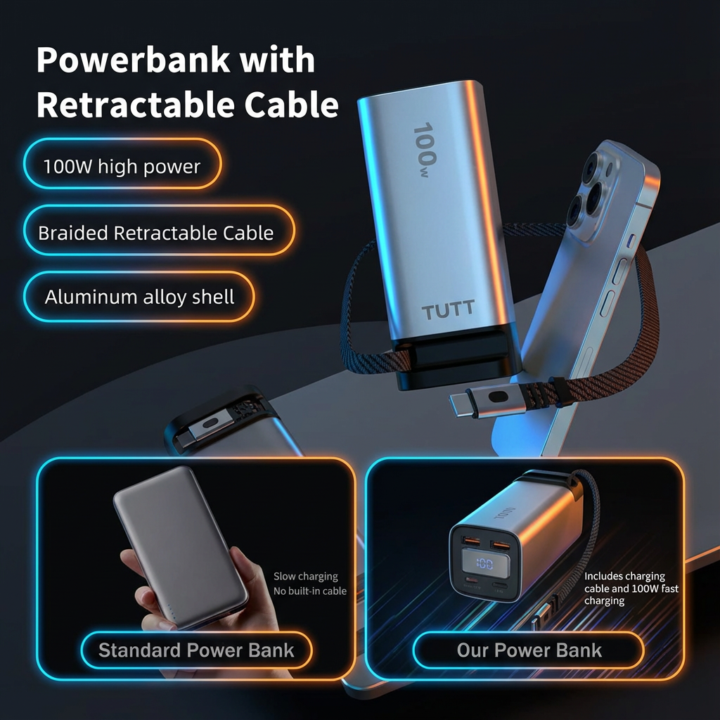 Power bank with retractable cable featuring TUTT branding on a dark background