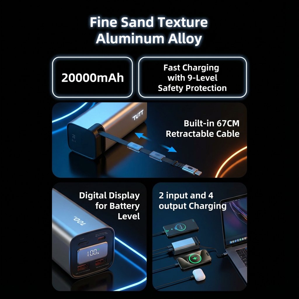 Portable power bank with features highlighted on a dark background TUTT Monitor, Laptop Power Bank 100W 20,000mAh Retractable Cable LCD Display L1