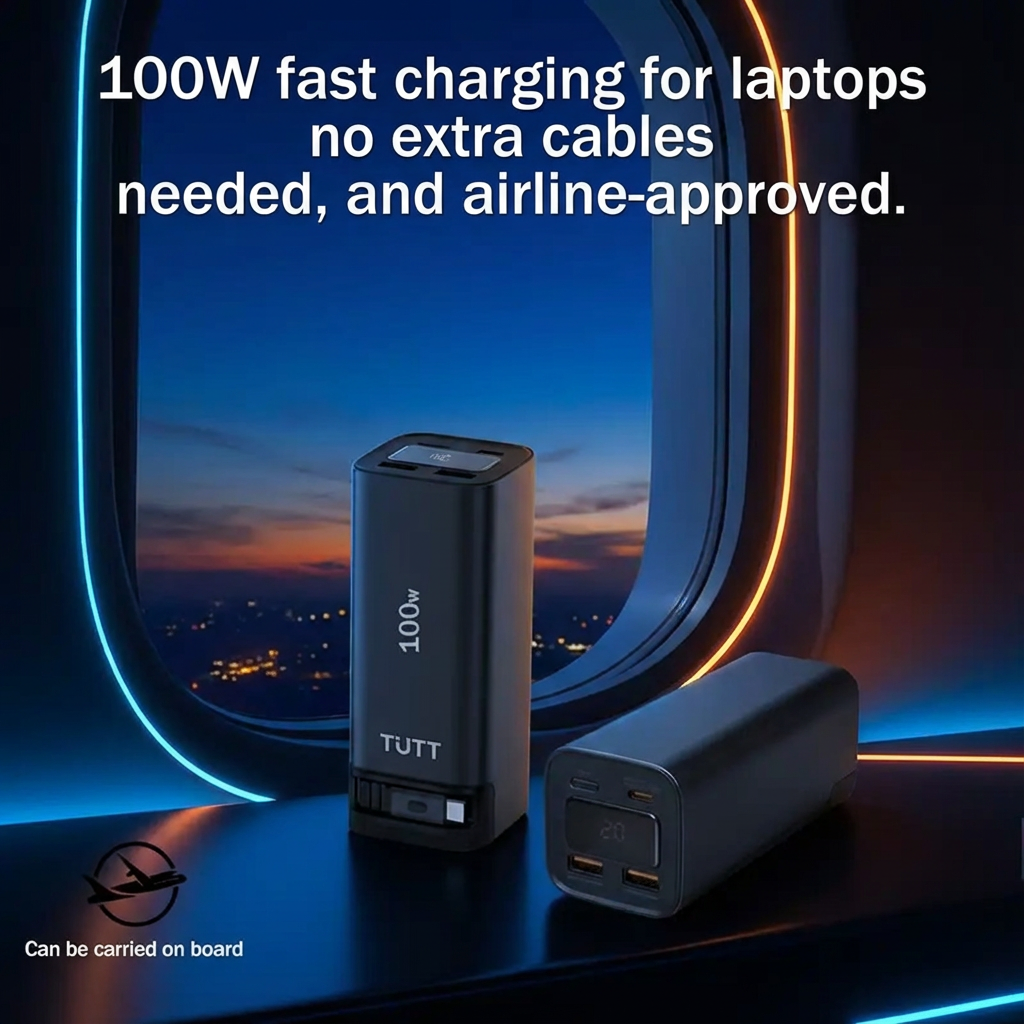 TUTT power bank with 100W fast charging feature displayed near an airplane window with a night view.