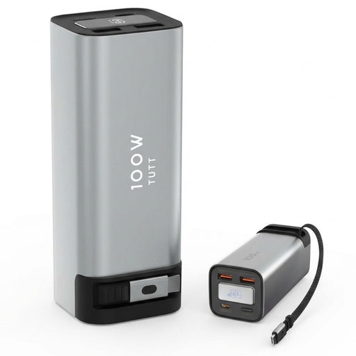Two power banks, one larger and one smaller, on a white background with '100W TUTU' branding.